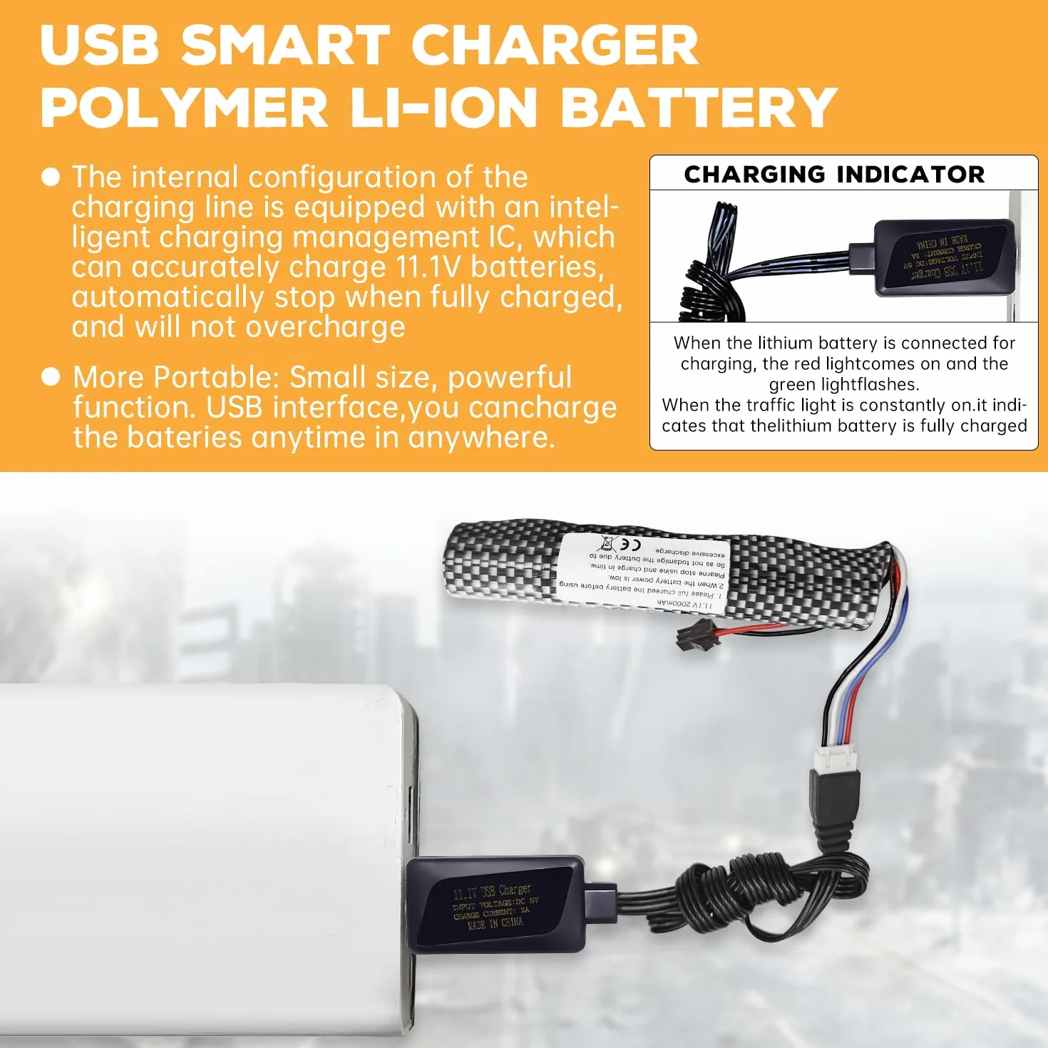 Batteria Li-ion 3S 11.1V 2000mAh SM-2P con cavo USB per Airsoft Gel Ball Blaster