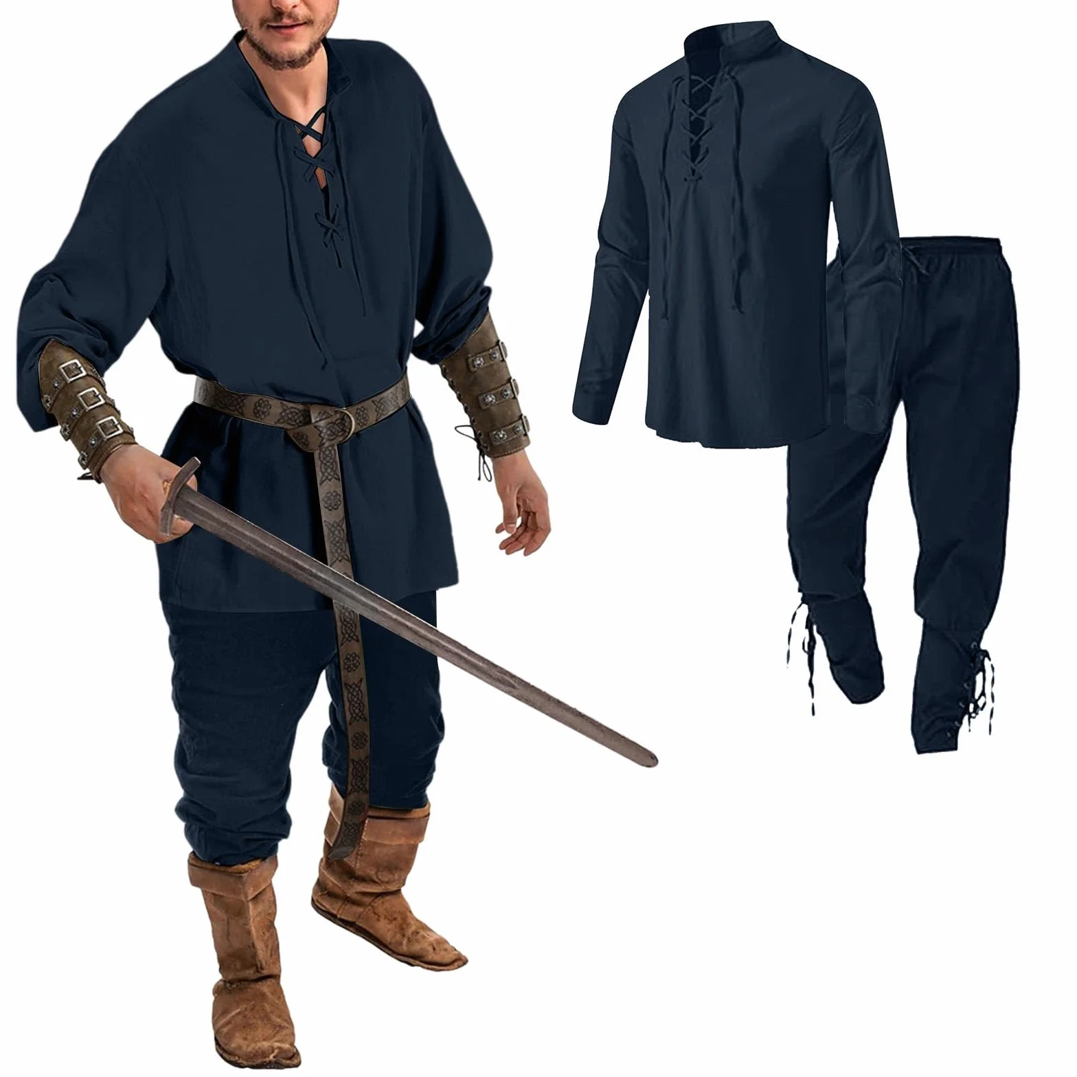 Vichingo Costume da Uomo Medievale Rinascimentale con Camicia Lino e Pantaloni Caviglia