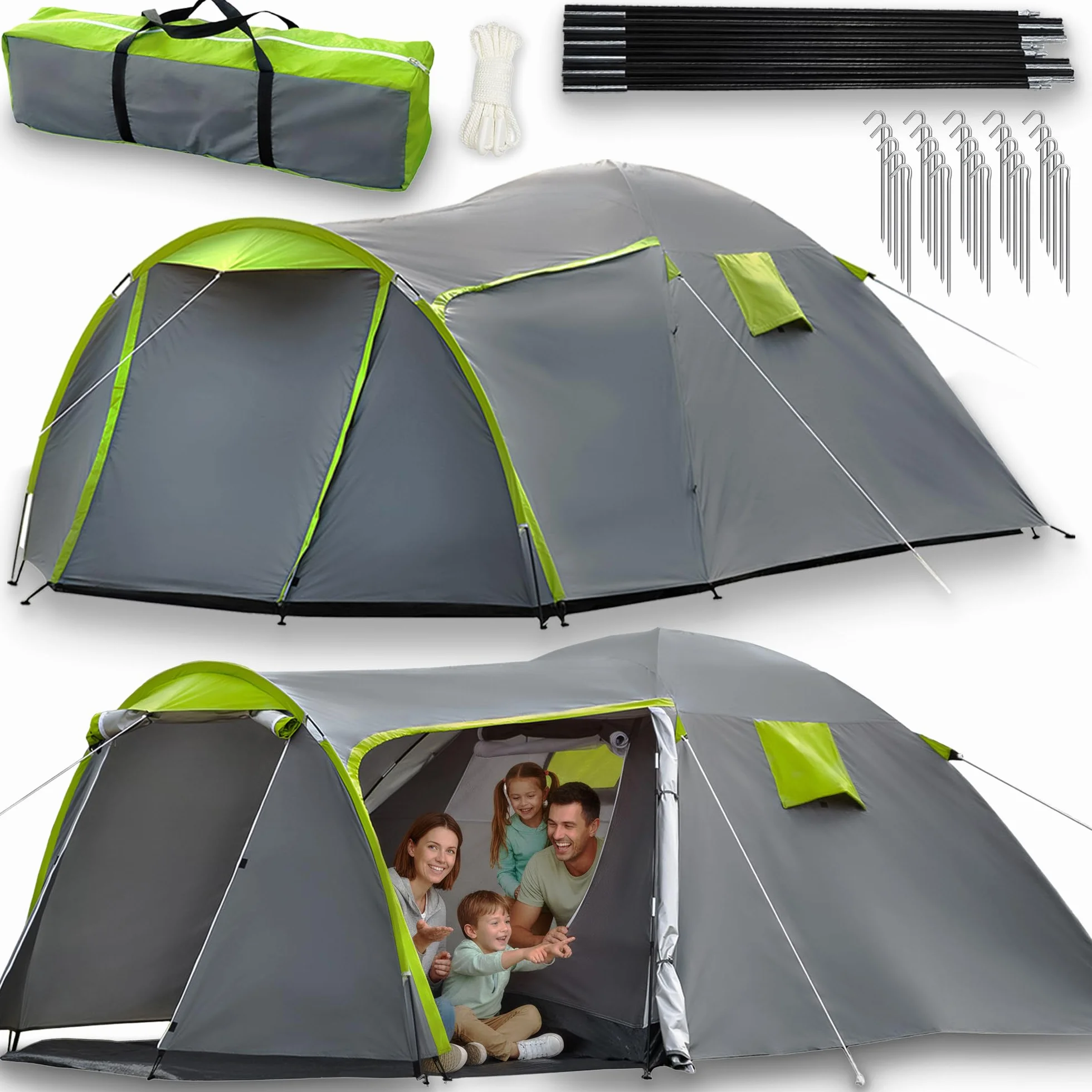 Tenda da Campeggio 4 Posti Impermeabile 3000 mm Doppio Tetto Vestibolo Ampio 2 Ingressi Zanzariera Poliestere 190T Telaio Fibra di Vetro 4,1 kg
