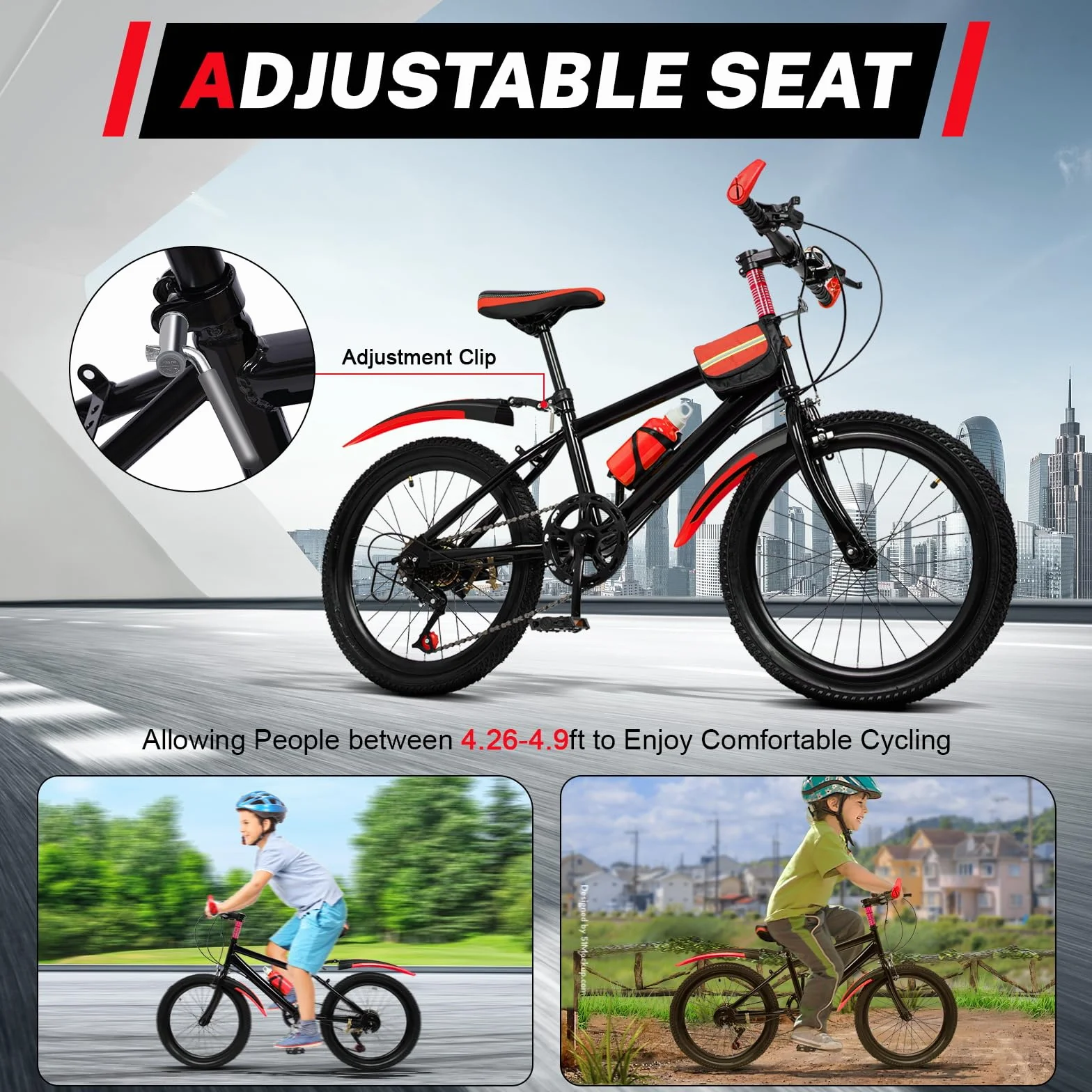Mountain bike 20 pollici bambini telaio acciaio carbonio parafanghi doppio freno rossa campanello 85 kg