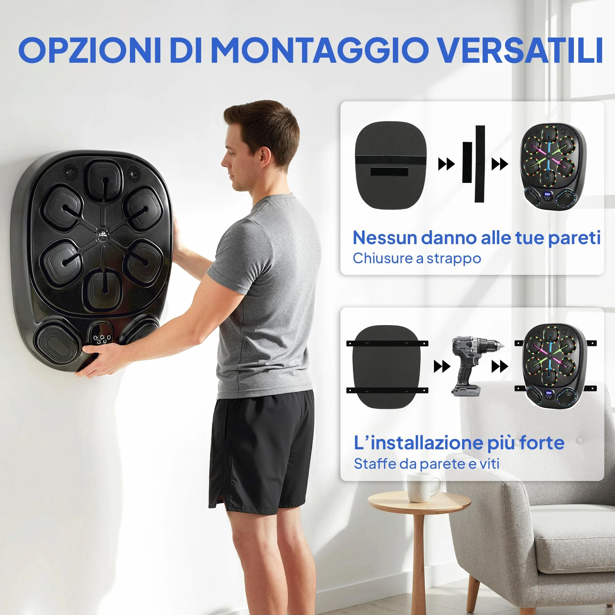 SPORTNOW Macchina da Boxe Musicale a Parete con 9 modalità e Luci LED Multicolore, Music Boxing Machine per Adulti con Connessione Bluetooth, per Casa e Palestra, 61x48x11 cm, Nero