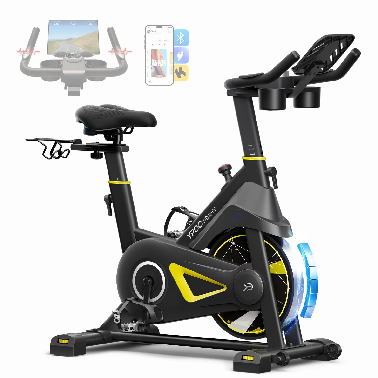 YPOO Cyclette da Casa, Resistenza Magnetica Regolabile, Sella Comoda, Supporto Tablet e Corsi Fitness, Bici Indoor per Allenamento Cardio a Casa, Cyclette Pieghevole, Grande Capacità di Carico