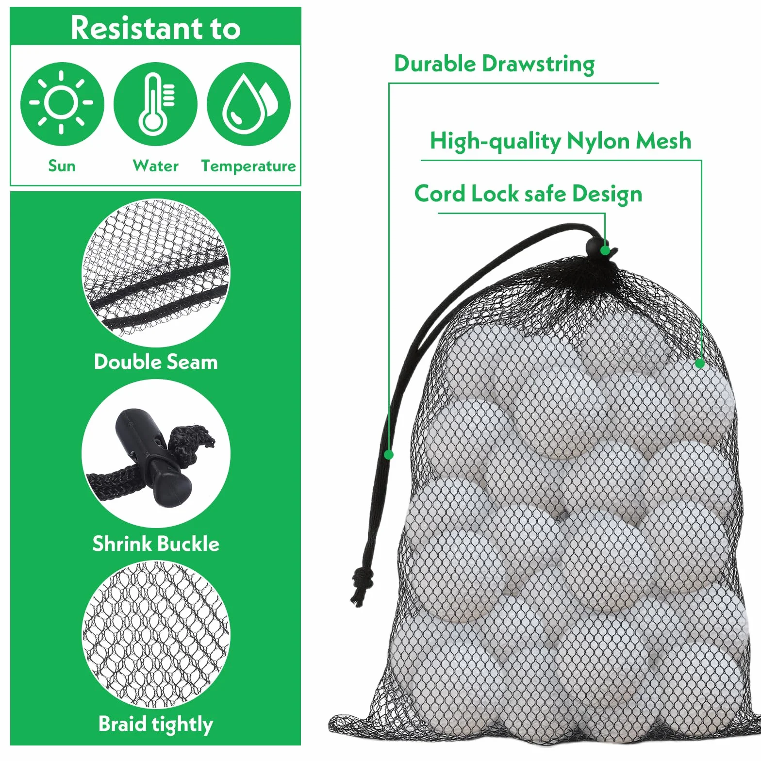 Reti per palline da golf in nylon con coulisse borsa portaoggetti attrezzature sportive 2 misure