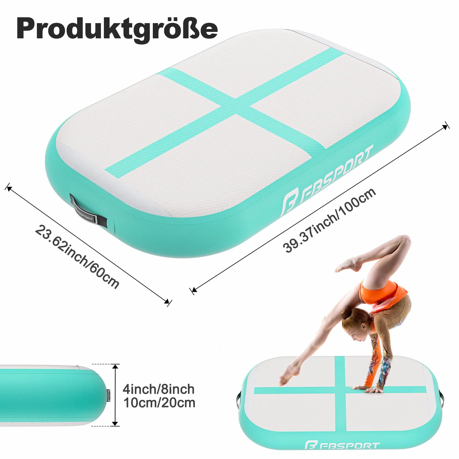 FBSPORT Airtrack Matte, Altezza 10 cm, Spessore 60 cm, Tumbling Matte Gonfiabile, Ginnastica con Pompa ad Aria, Tappeto da Allenamento con Borsa, Tappeto da Ginnastica per Casa, Esterno, Yoga