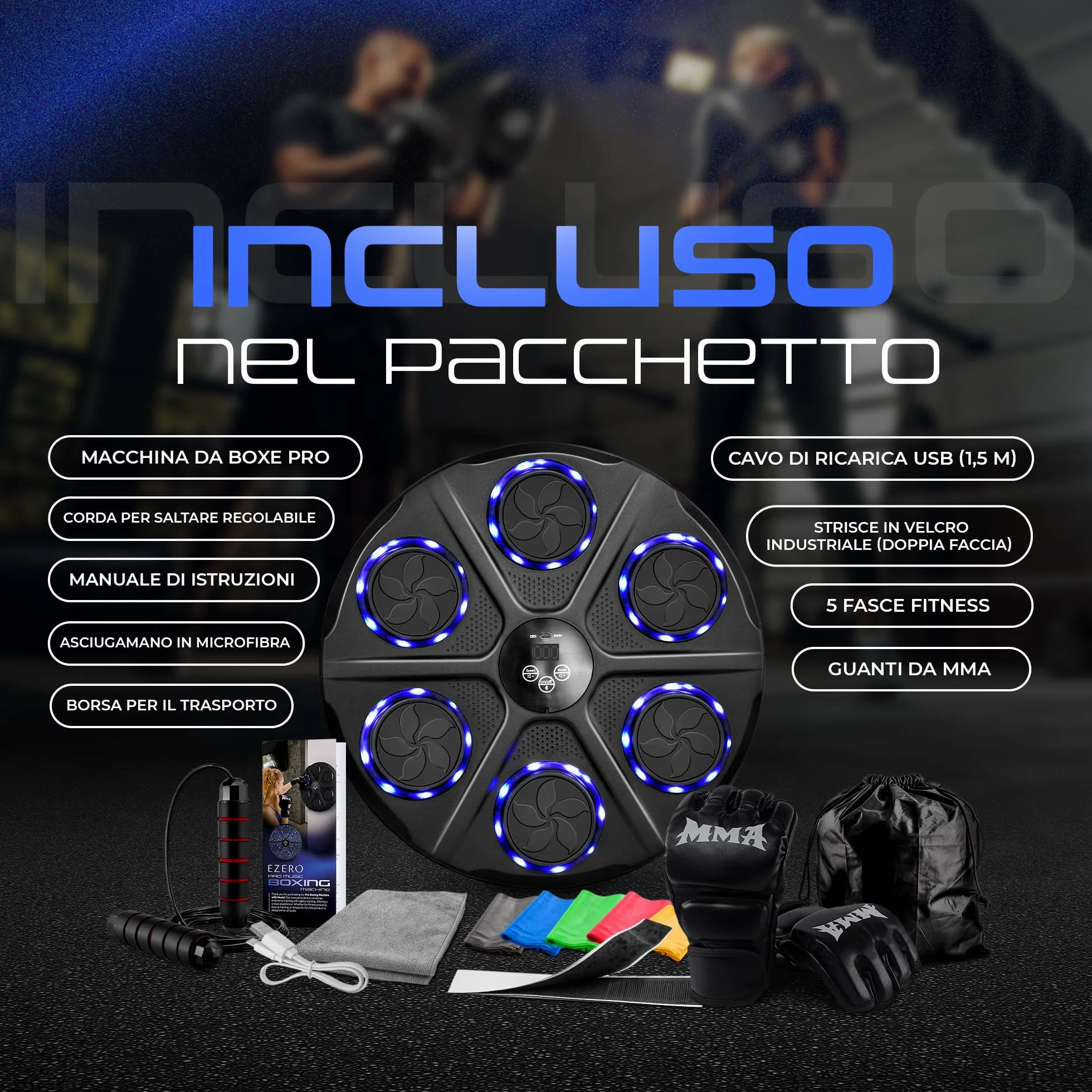 EZERO Beat Punch, la Music Boxing Machine 12 Livelli con Bluetooth & LED – Pannello Interattivo per Allenamento di Boxe a Casa – Migliora Riflessi & Resistenza – Set Completo con Accessori