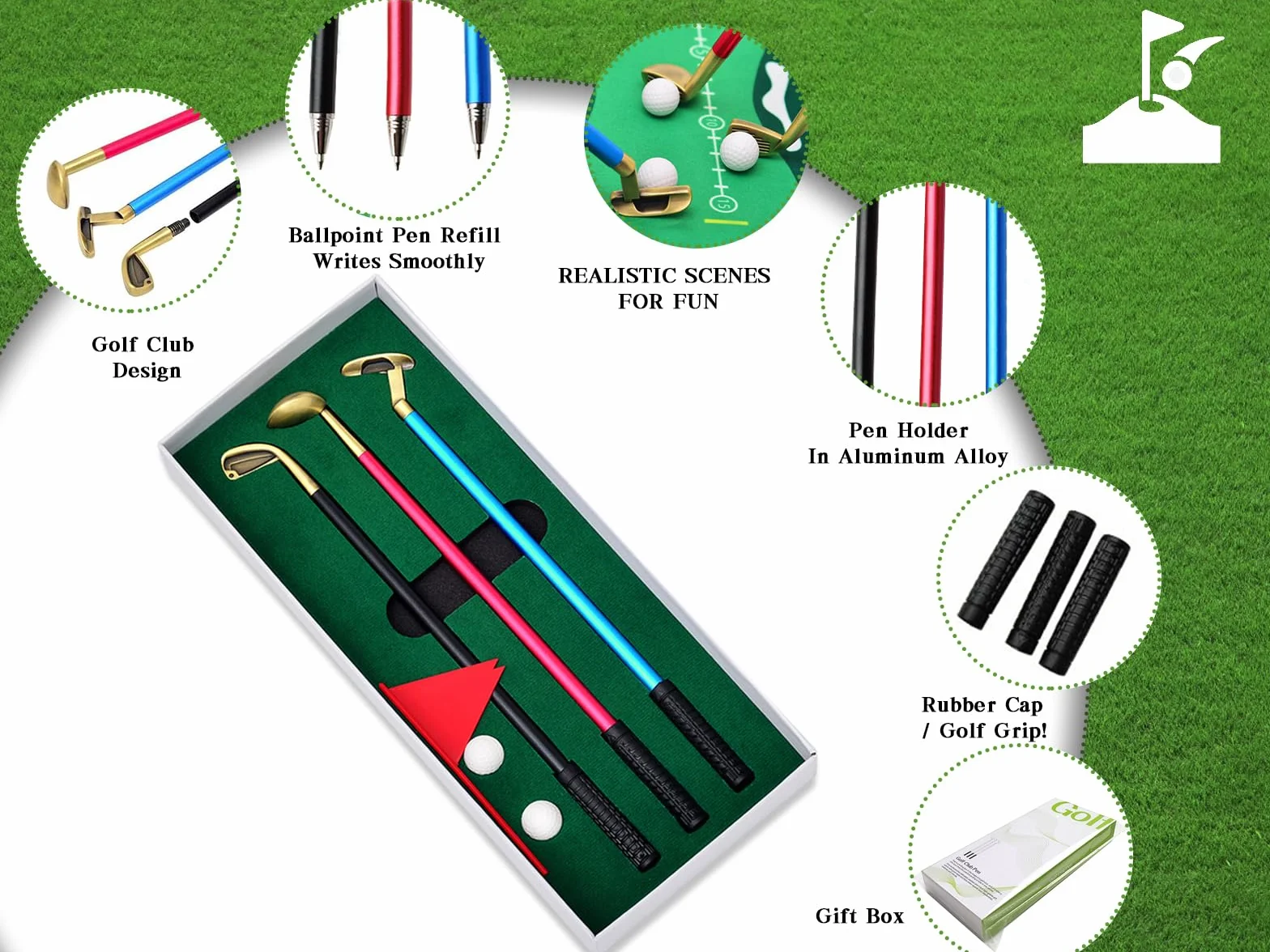 Set di 3 Penne Mazze da Golf in Metallo, Penna a Sfera 3 Colori, Regalo Uomini