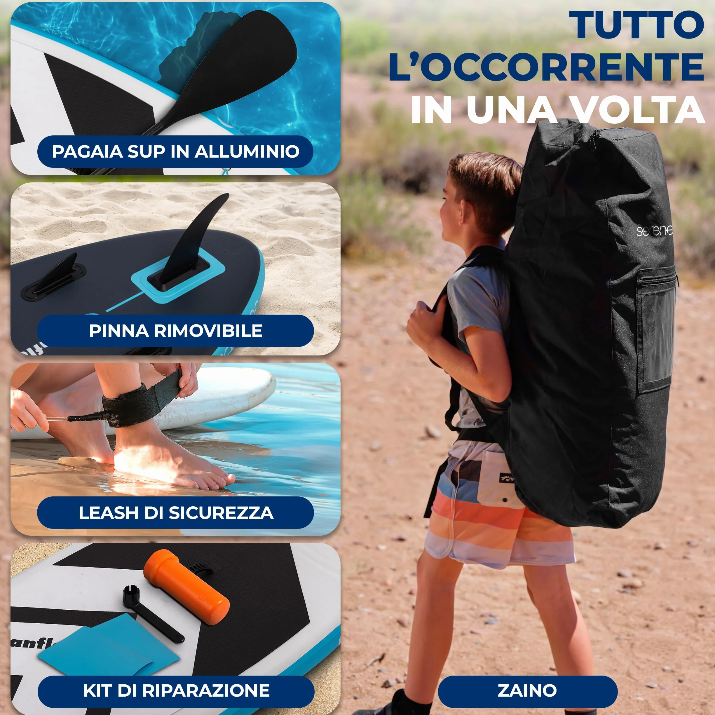 SereneLife SUP Gonfiabile 237 cm Tavola Larga 76 cm Stand Up Paddle Board Include Pagaia Regolabile Zaino 90 kg