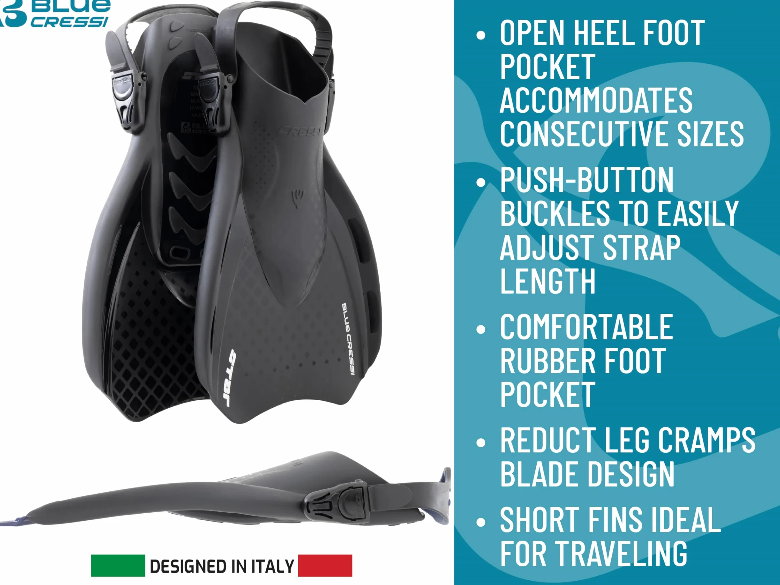 CRESSI Star Fins Pinne Compatte Regolabili Pala Ventilata Scarpetta Tallone Aperto Nuoto Snorkeling Viaggi Adulti
