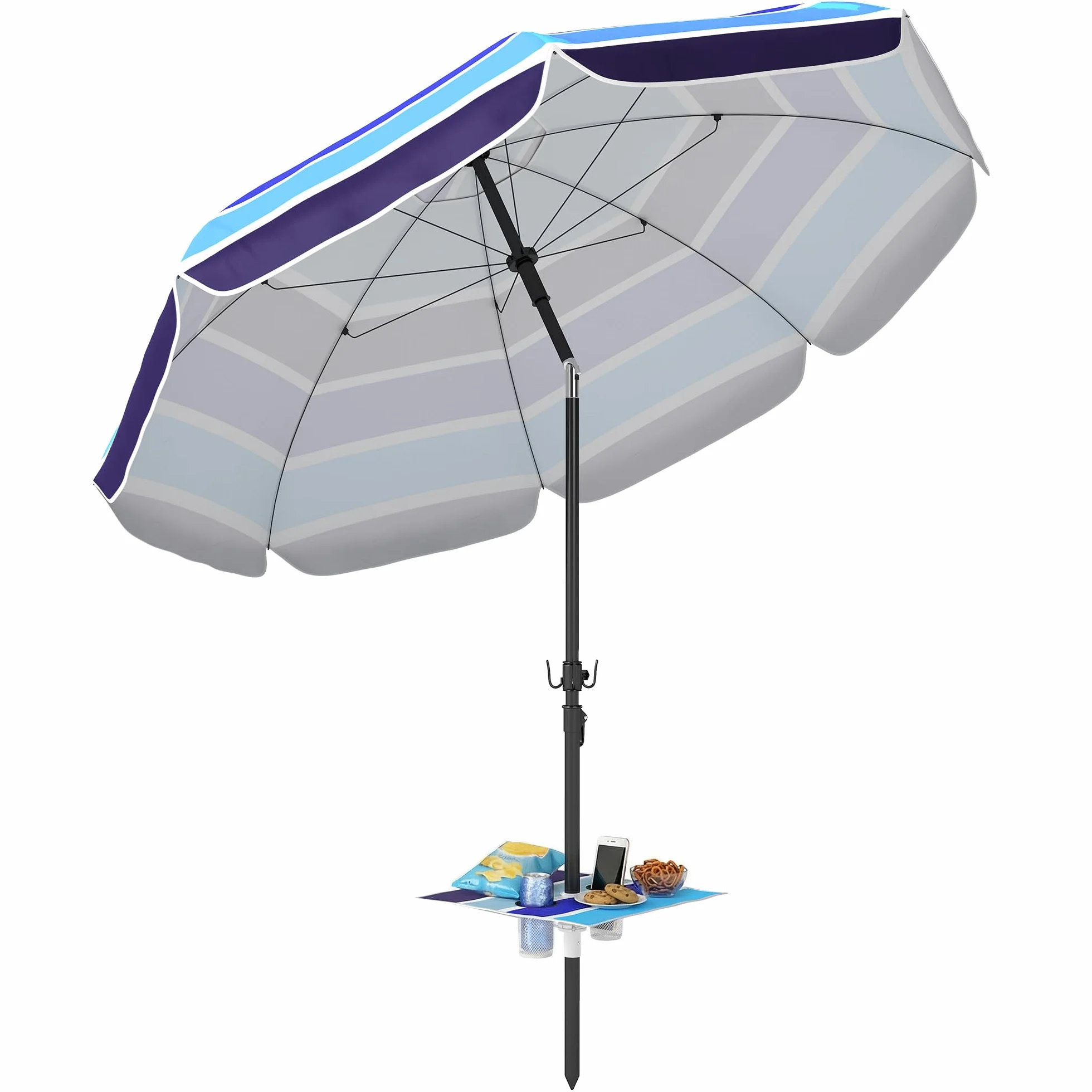 Outsunny Ombrellone da Spiaggia Ø198 cm con Tettuccio Reclinabile 30°, Ombrellone da Mare con Tavolino Pieghevole, Porta Bicchierie, Borsa da Trasporto, per Esterno, Patio, Spiaggia, Multicolore