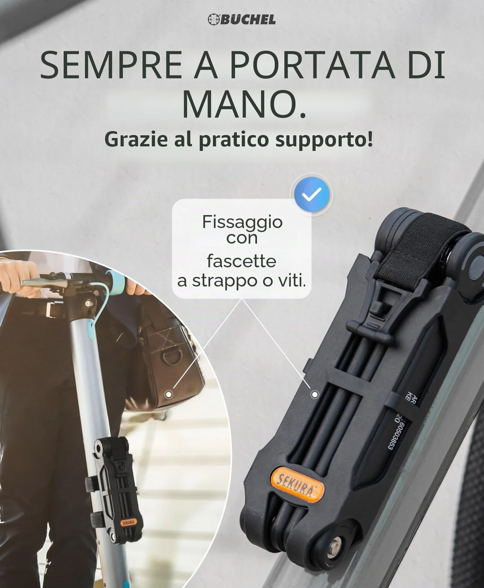 BÜCHEL Sekura Lucchetto Bici 85 cm – Catena Antifurto in Acciaio Temperato per E-Bike, Moto, Bicicletta con Supporto e 3 Chiavi