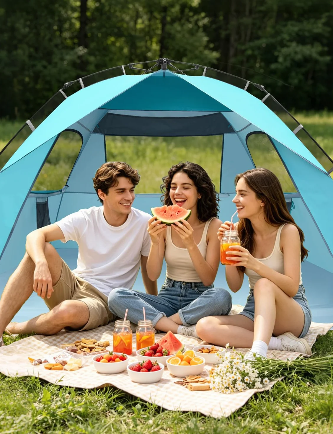 Tenda da Spiaggia Quick Up Familiare Automatica 210x200x145cm Protezione UV 50+ Antivento 4-6 Persone