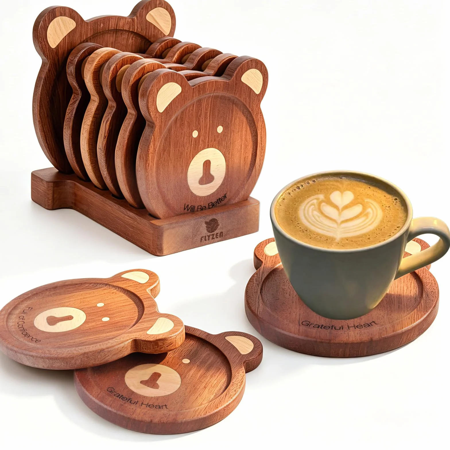Set 6 sottobicchieri legno rotondi orso incastonato mano 11,5x9,5x1 cm marrone scuro