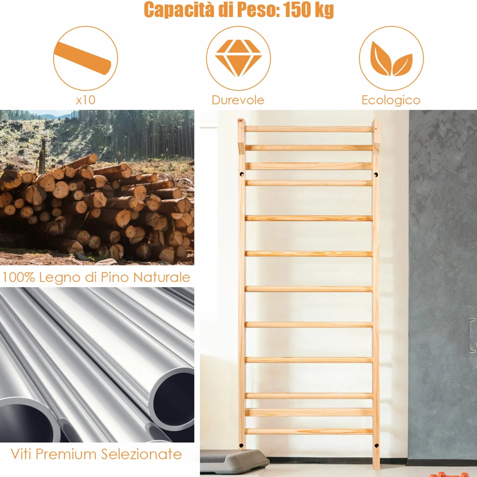 COSTWAY Spalliera Svedese Adulti Bambini Legno 10 Gradini Carico Massimo 100 kg 195x80x14 cm