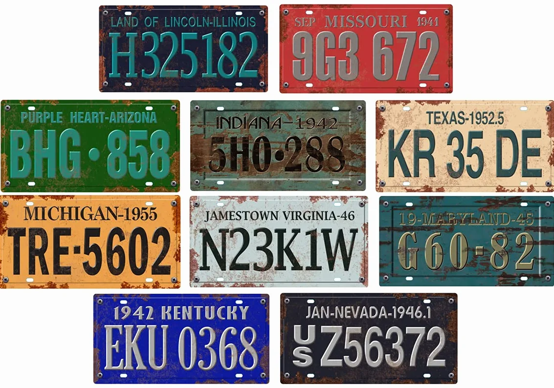 - Confezione da 10 targhe automobilistiche USA Anni '40/'50 - Replica Vere targhe Americane con Effetto Consumato (OLD4)