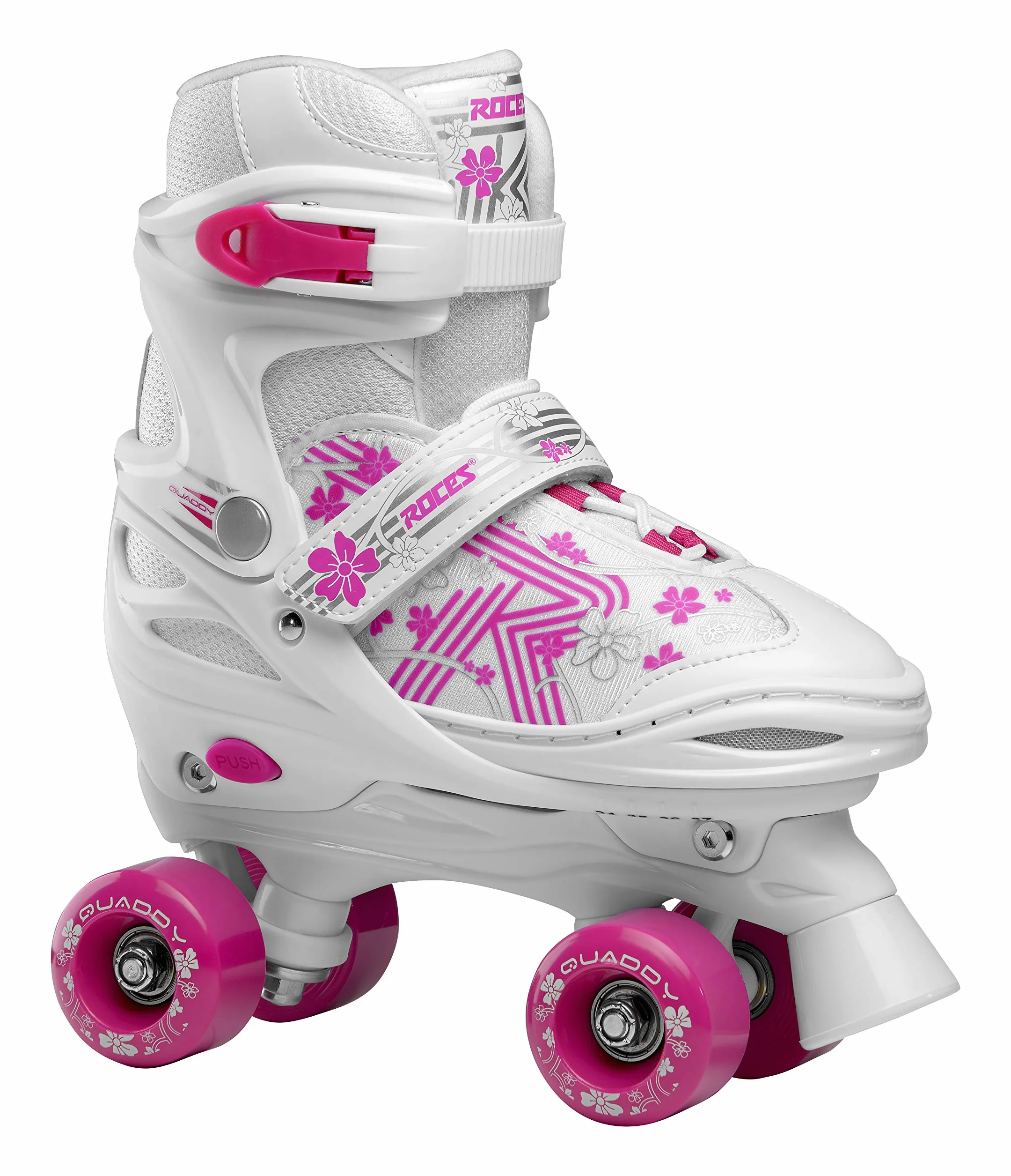 ROCES Quaddy 3.0 Girl - Pattini a Rotelle Quad Bambina Regolabili 4 Misure con Scafo in PE - Scarpa Anatomica con Imbottitura, Chiusura Lacci + Fibbia - Ruote PVC 54×32mm 85A, Cuscinetti ABEC 5