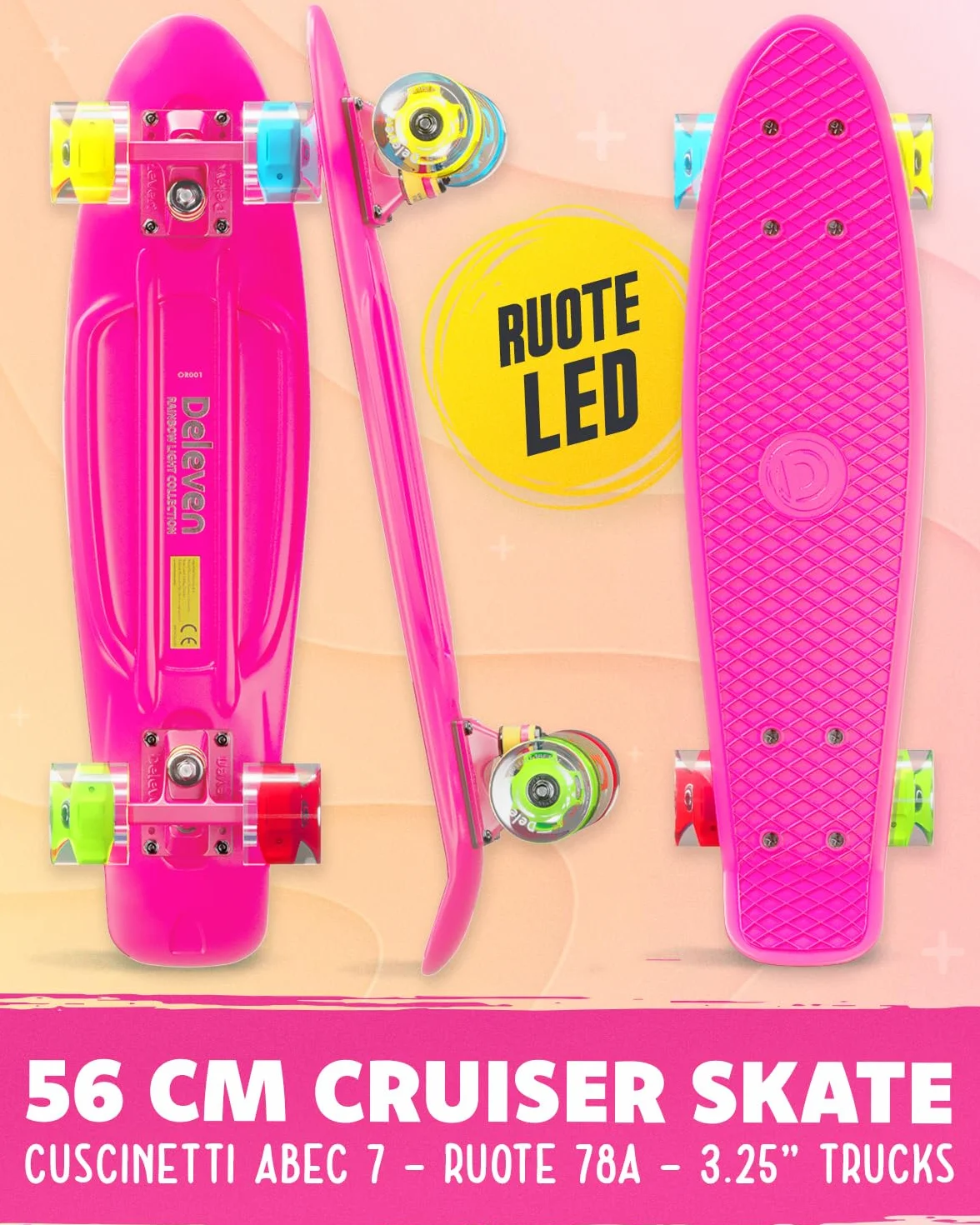 Deleven Skateboard 56cm con Ruote LED, Tool per Skate e Cuscinetti Abec 7 - Per Bambini Principianti Ragazze Ragazzi Adolescenti Adulti