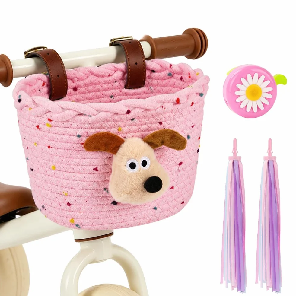 Cestino per bicicletta per bambini in corda di cotone con cinghie in pelle