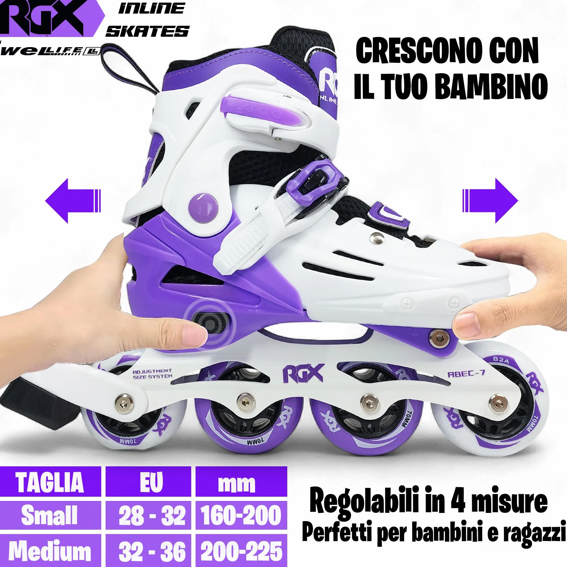 WeLLIFE RGX Line Pattini in Linea Bambina e Bambino Regolabili 4 Misure, Doppia Configurazione Ruote, Guscio Rigido, Piastra Alluminio, Cuscinetti ABEC-7