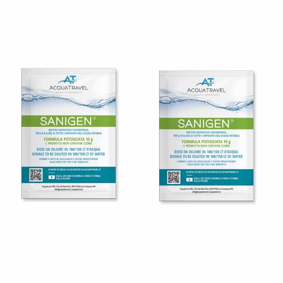 ACQUATRAVEL SANIGEN 2 pz Bustine Monodose concentrata per la Pulizia di Tutto l’impianto dell’Acqua Potabile - SANIFICANTE IGIENIZZANTE per Serbatoio Camper E Barca