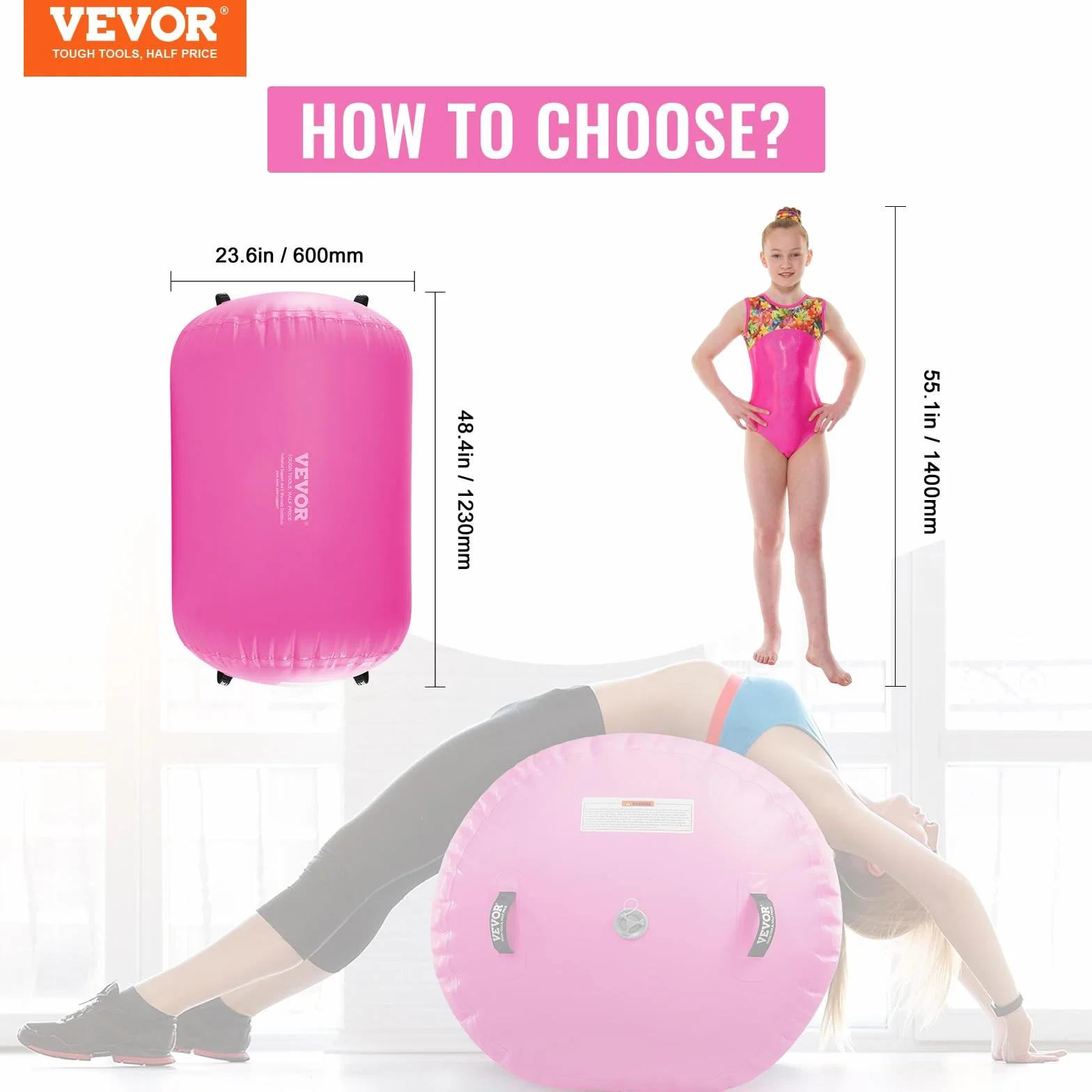 VEVOR Tappetino ad Aria Rullo ad Aria Gonfiabile Rotondo, Attrezzatura da Ginnastica con Canna d'Aria con Pompa Elettrica, Uso Domestico/Palestra/Yoga/Cheerleader/Spiaggia/Parco/Acqua, Rosa