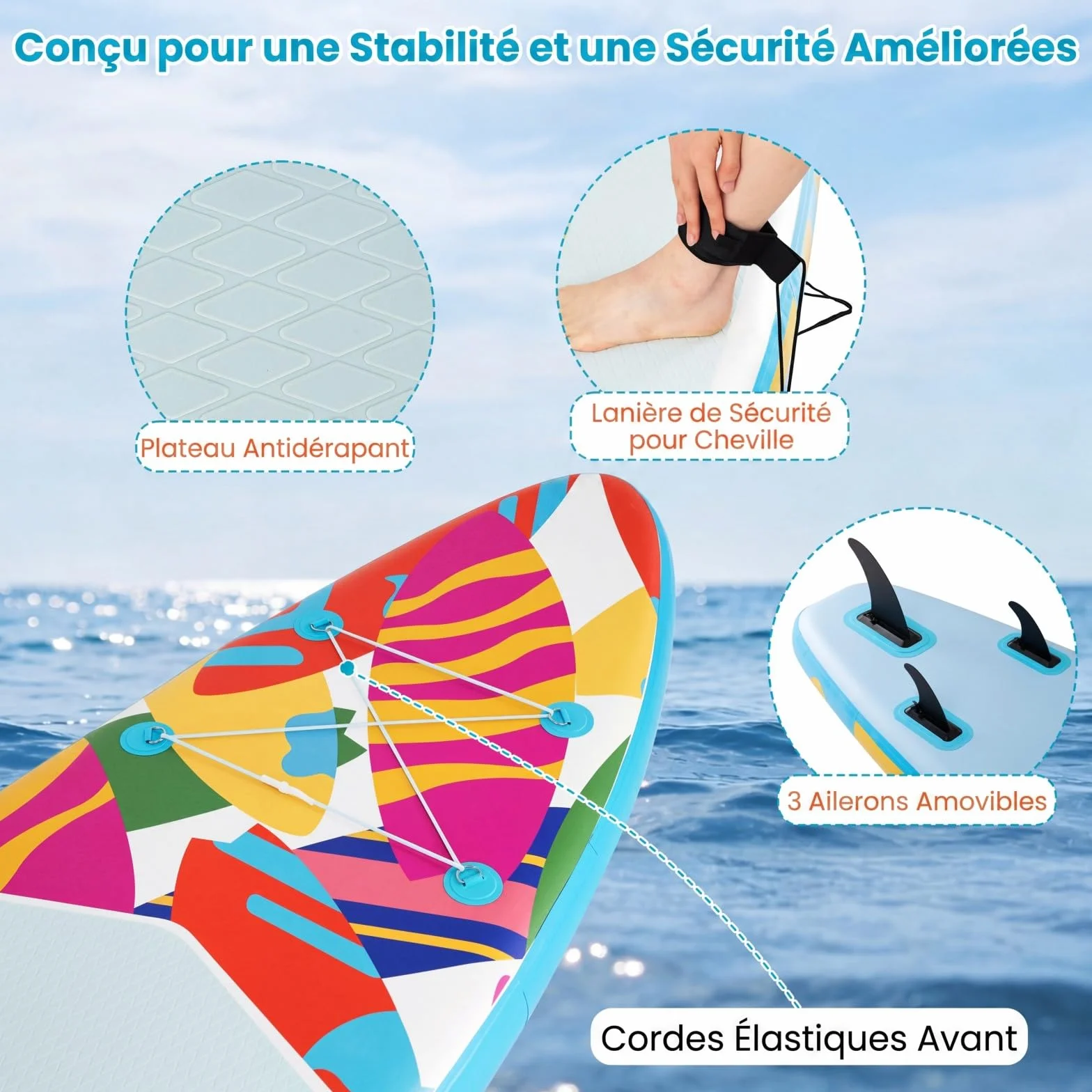 HOMASIS Tavola da SUP Gonfiabile, Paddle Board con Pompa Manuale, 3 Pinne Rimovibili, 336 x 77 x 16 cm