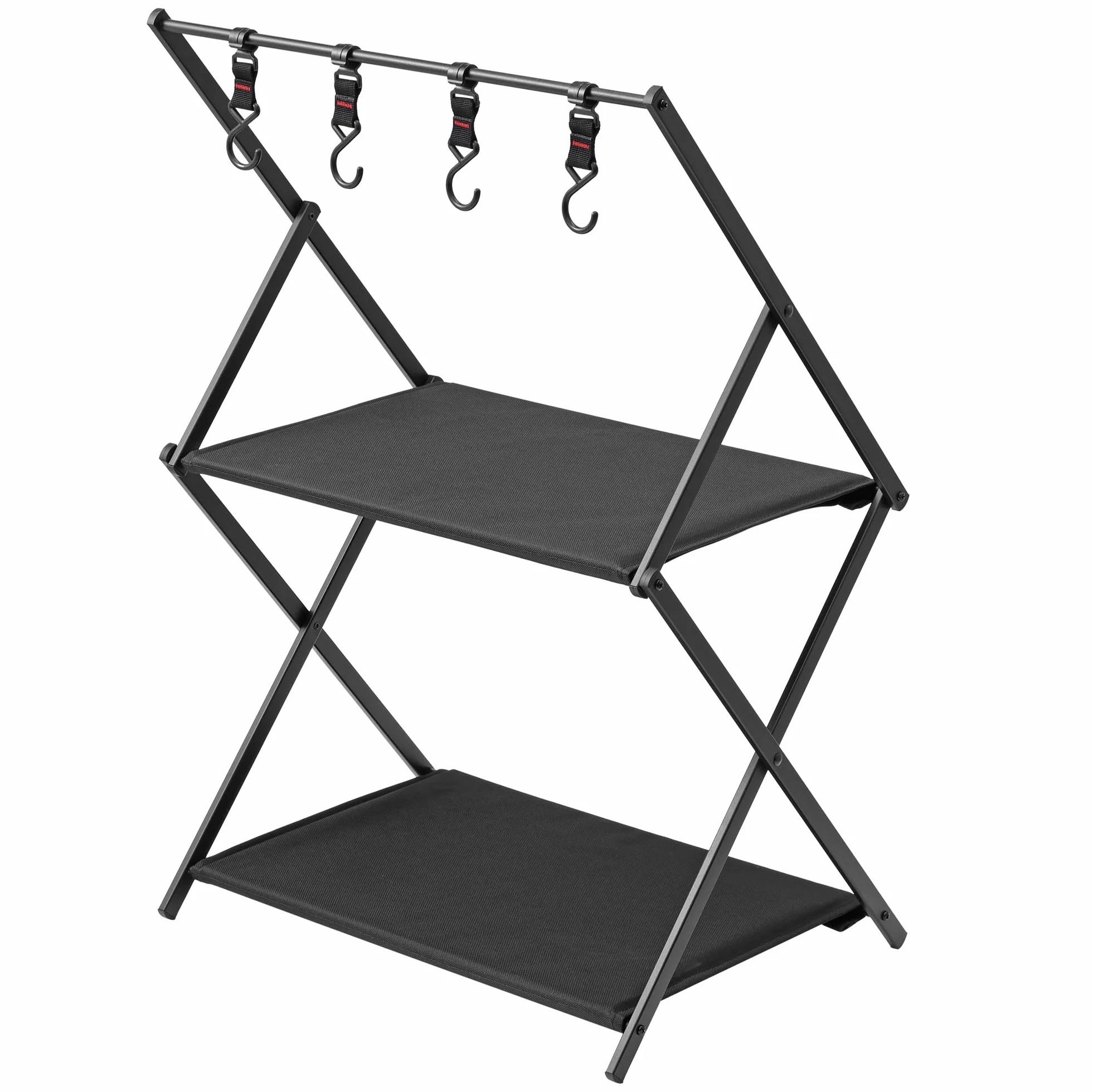 Navaris Scaffale da Campeggio Pieghevole 2 Ripiani 4 Ganci Portatile Salvaspazio Capacità Max 25 kg Nero