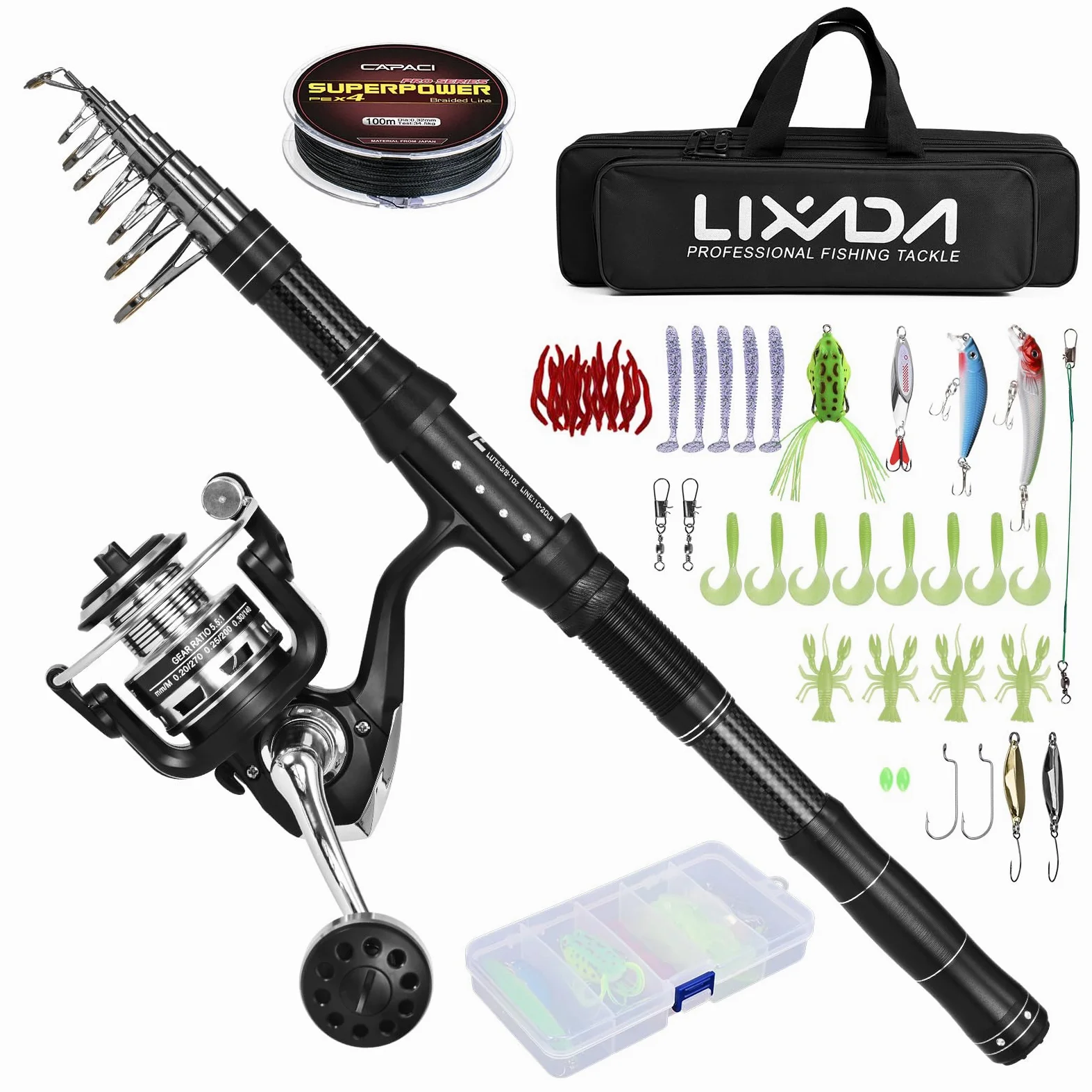 Lixada Canna da pesca con mulinello telescopico con lenza, kit di esche da pesca e accessori e borsa per il trasporto per acqua salata e acqua dolce