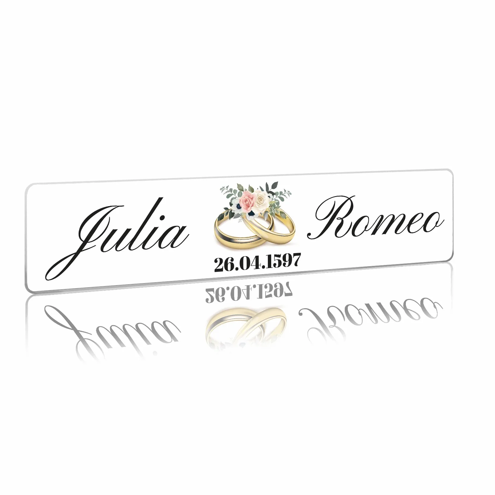 Finest Folia Targa Matrimonio Personalizzata per Auto – Adesivo con Nomi e Data degli Sposi – Coppia di Sposi, Decorazione Auto Matrimoniale, Targa per Nozze (01 Anelli d'oro, Inserti in plastica)