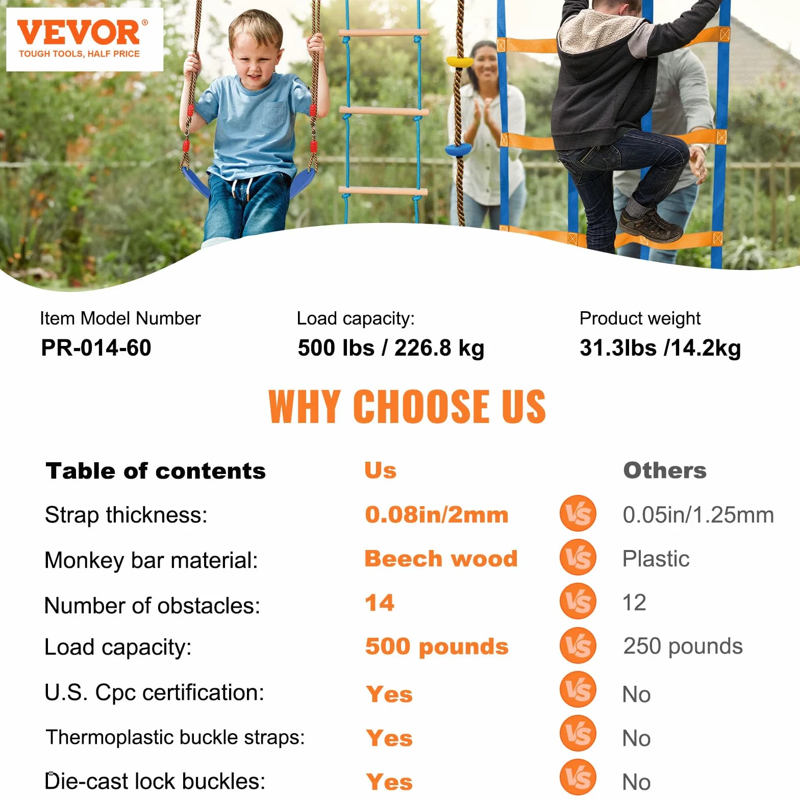 VEVOR Slackline da Arrampicata per Bambini, Kit Percorso a Ostacoli 2x18,29 m 226,8 kg 14 Ostacoli