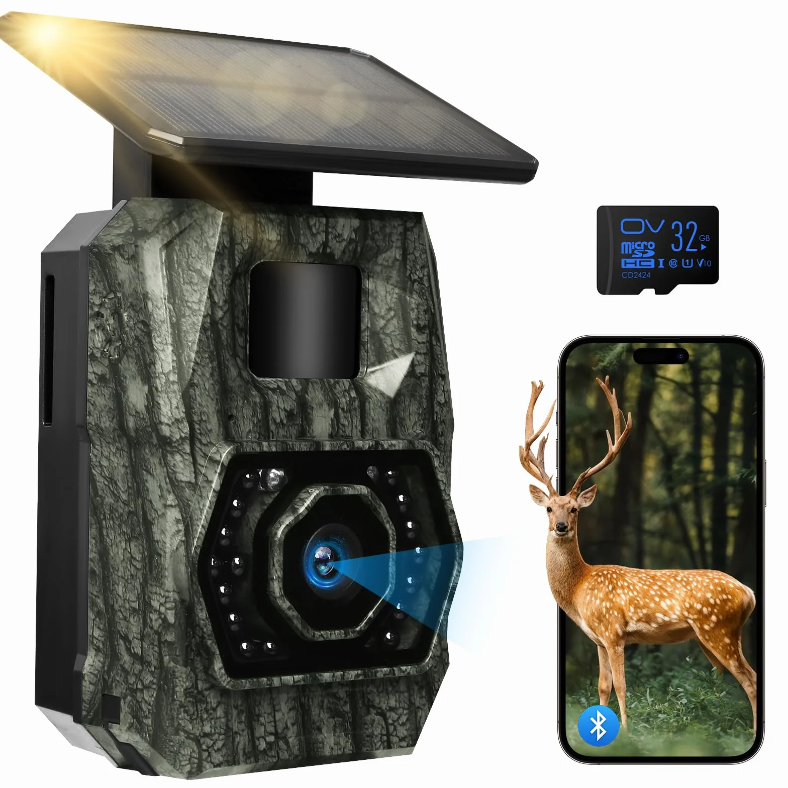 Fototrappola Notturna Fototrappola con Pannello Solare, Wifi Bluetooth Fototrappole con Batteria Ricaricabile da 5200mAh, 48MP Foto Trappola per Animali & Videosorveglianza IP66 Impermeabile, 0.1s