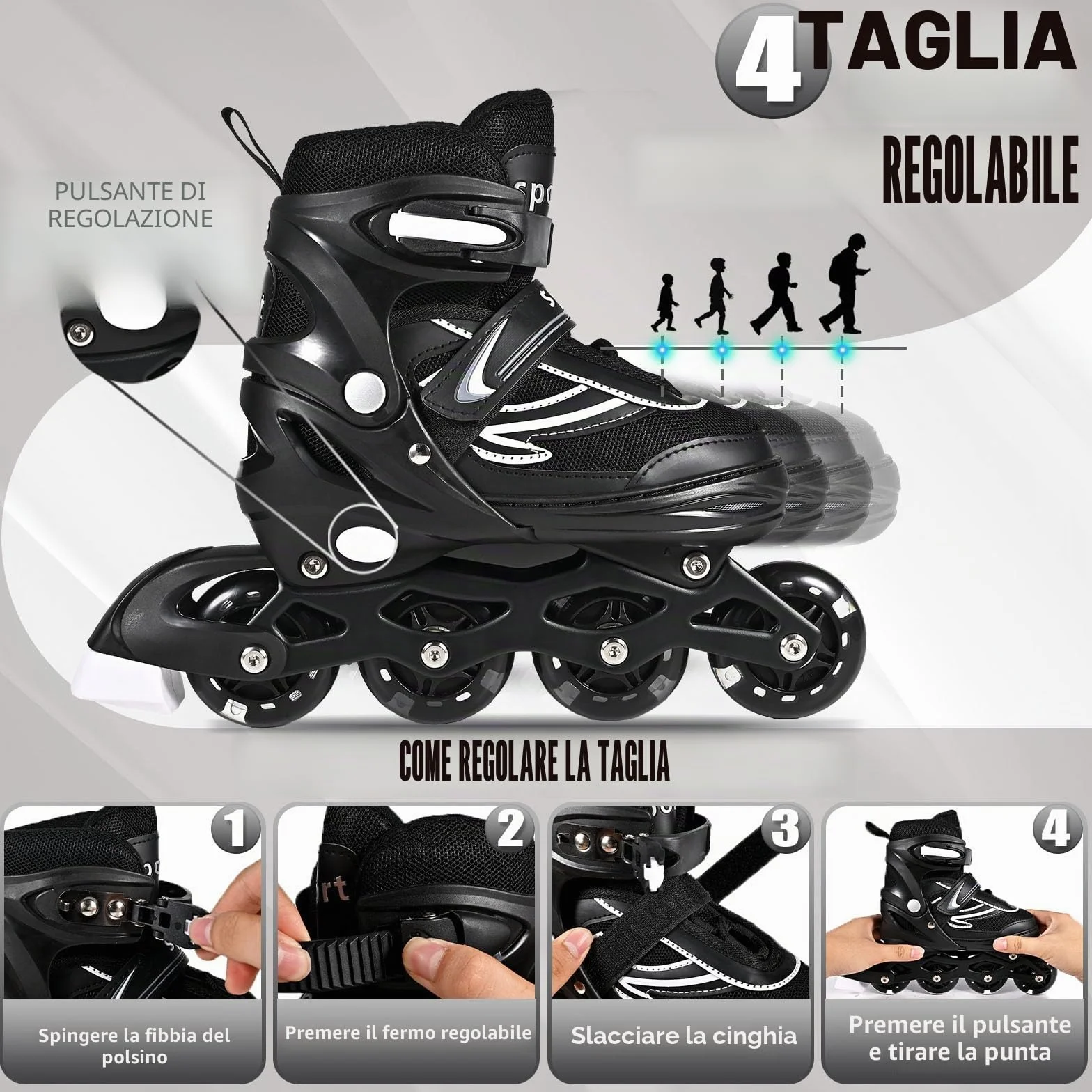 Pattini in linea regolabili per bambini e adulti con ruote luminose 4 ruote