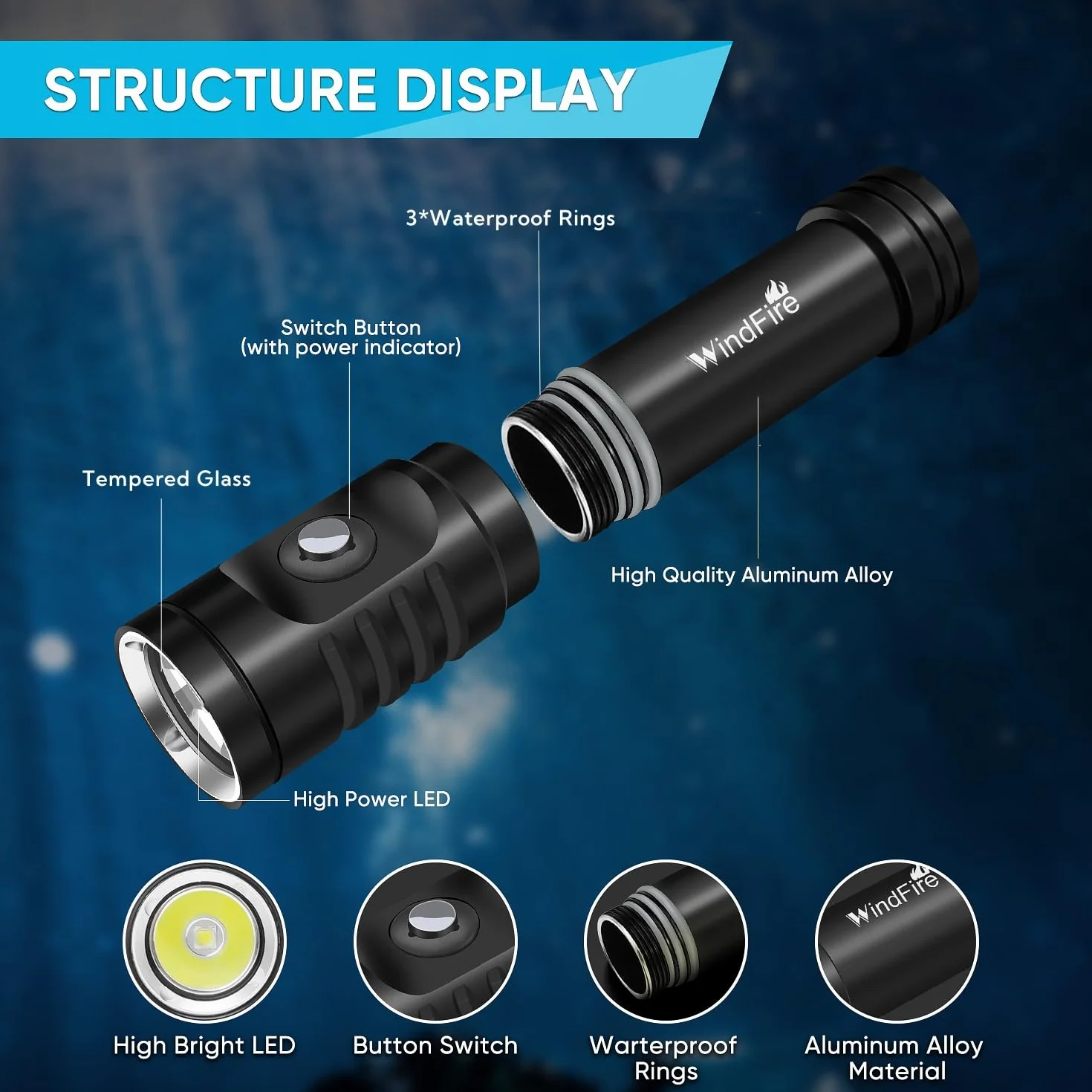WINDFIRE Torcia Subacquea 6000 Lumen Impermeabile IPX8 con 3 Modalità