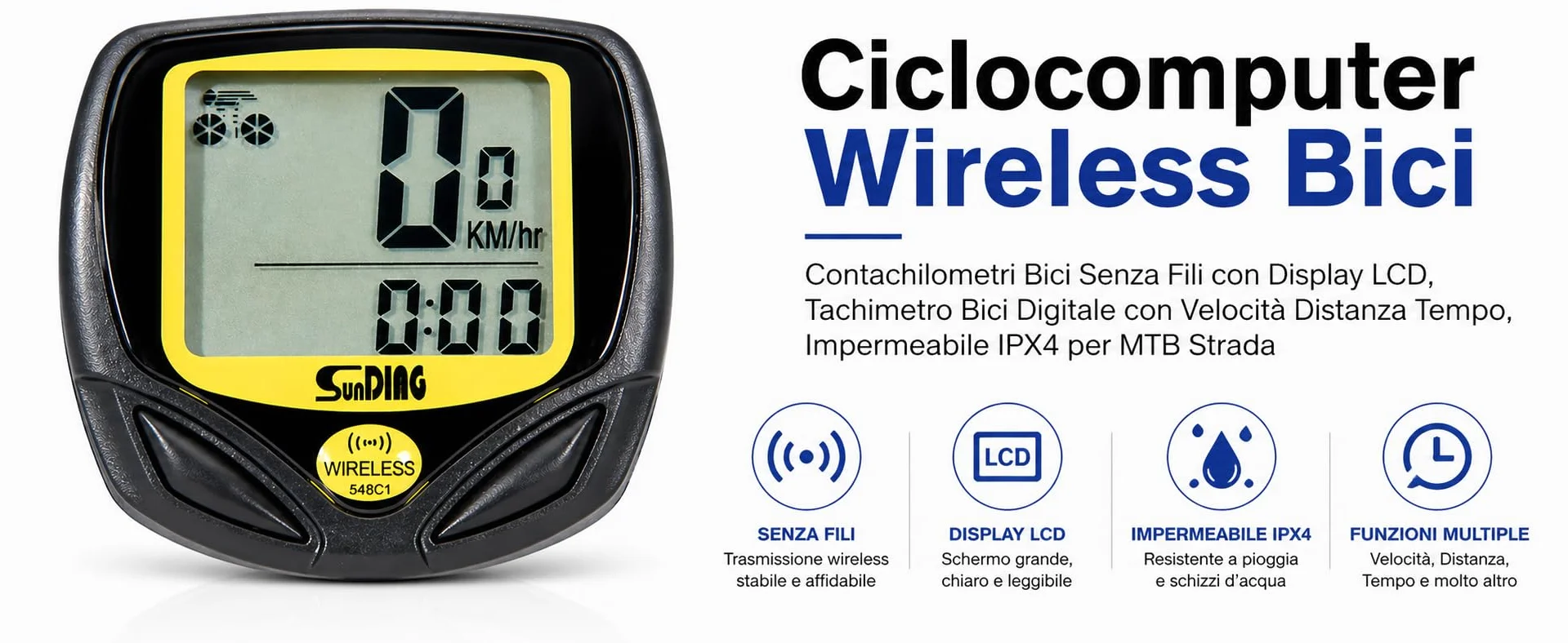 Ciclocomputer Wireless Bici con Display LCD, Tachimetro Digitale Impermeabile IPX4 per MTB Strada