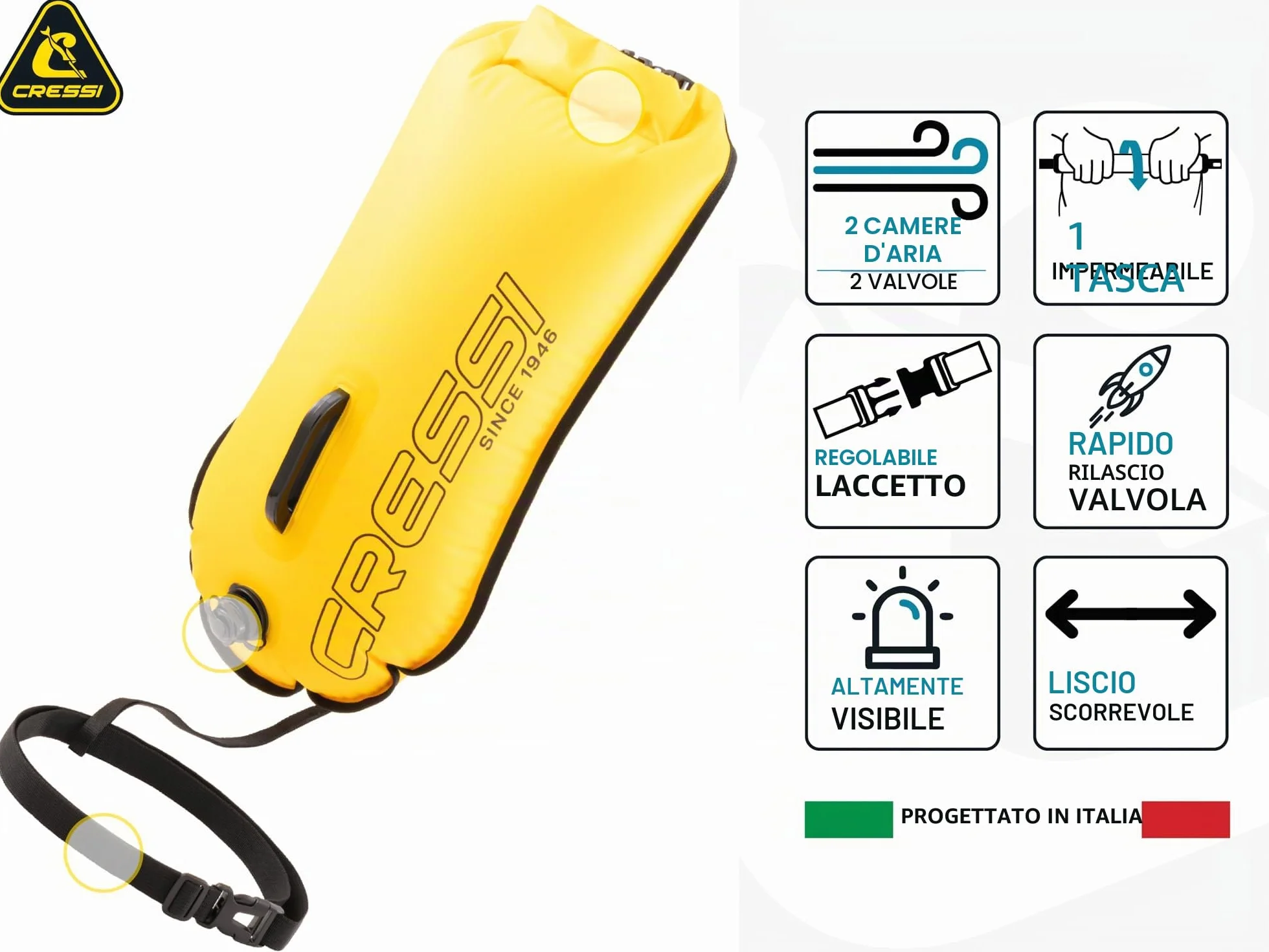 CRESSI dal 1946 - Glide Swim Buoy - Boa di Segnalazione Gonfiabile Pratica e Compatta per Massima visibilità di Nuotatori, Snorkelisti e Triatleti in Mare o Acque Libere Libere