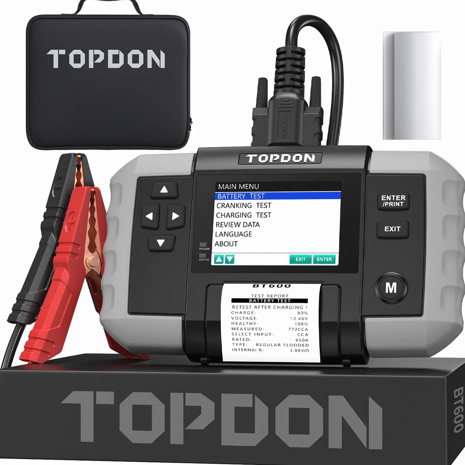 TOPDON BT600 Tester Batteria per Auto, Tester Batterie Auto con Stampante Professionale 12V 24V, con Test Batteria, Test di Avviamento e Carica per Batterie 100-2000CCA, Schermo da 3.5 pollici