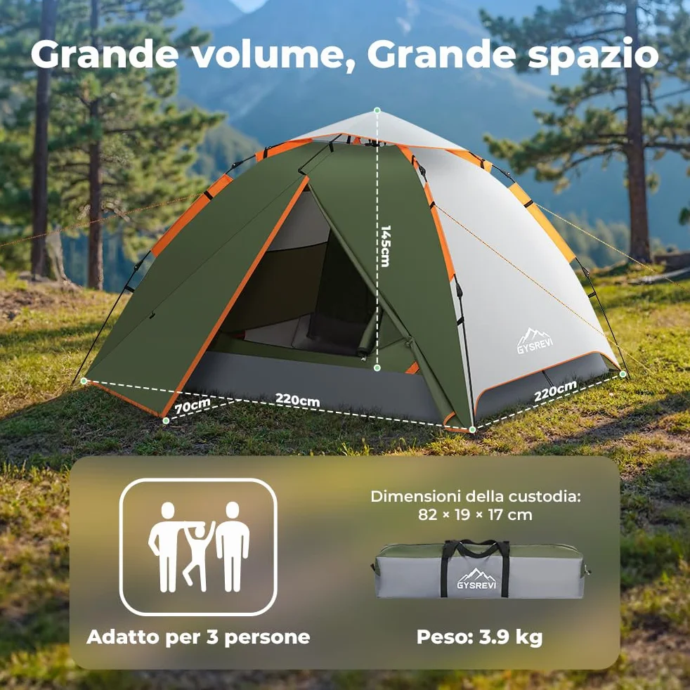 Tenda Campeggio 2-4 Persone Automatica Doppia Porta Anti UV Impermeabile 2 in 1 Interna Esterna