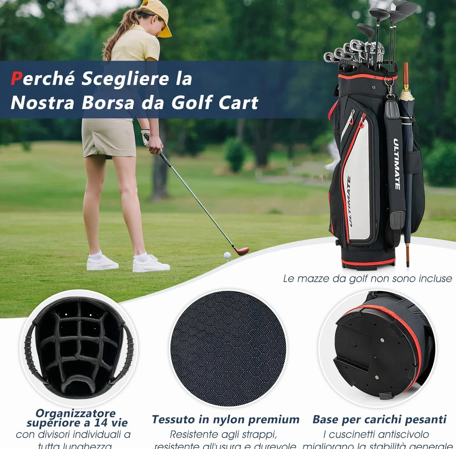 GYMAX Borsa da Golf 14 Divisori 8 Tasche con Cerniera Borsa Termica Copertura Antipioggia