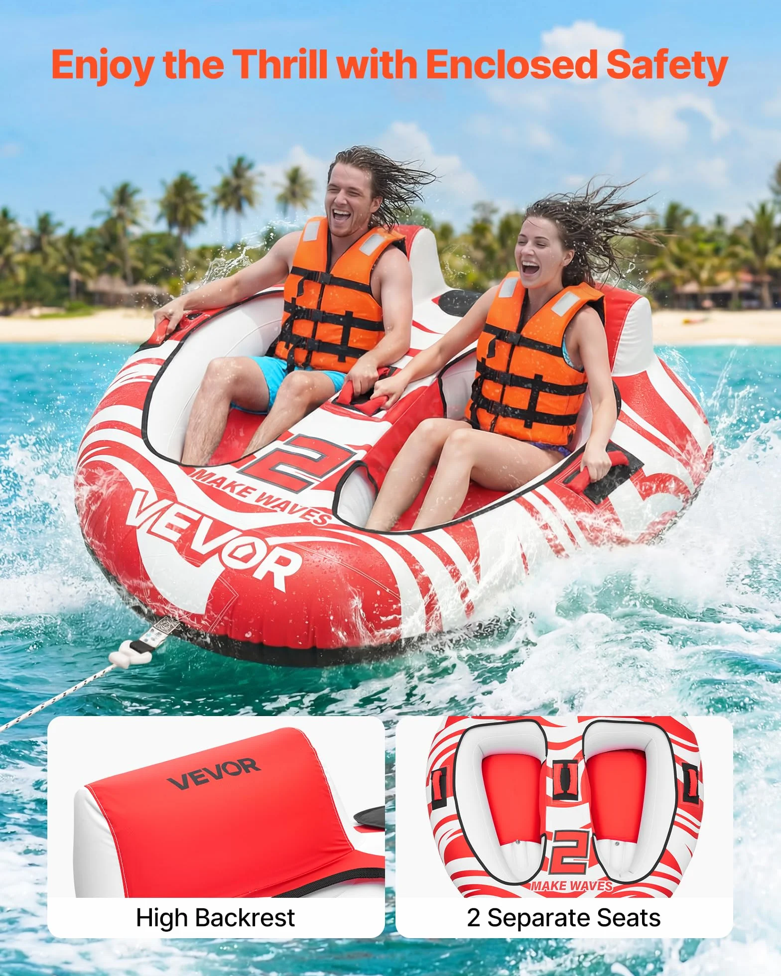 VEVOR Galleggiante di Traino per Barche 2 Persone Carico Max 154 kg Tubo Sport Nautici Copertura in Nylon Rosso