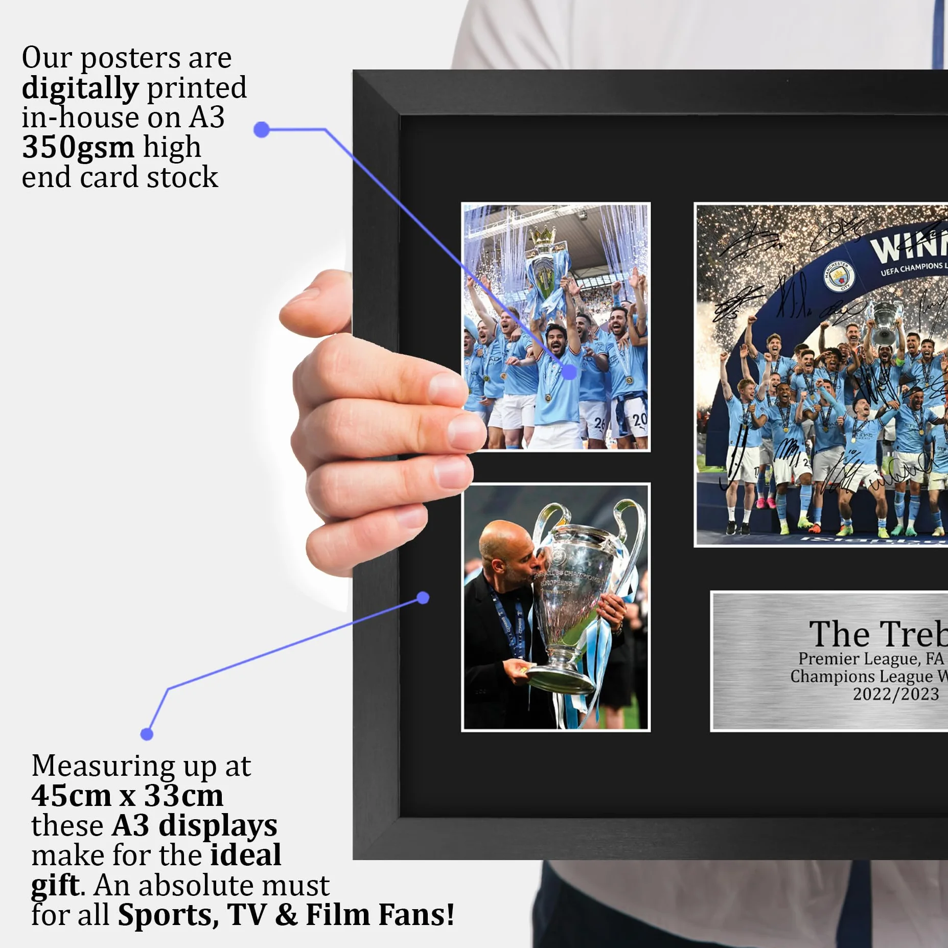 Fotografia autografata Manchester City The Treble A3 cornice FA Cup Champions League 22/23