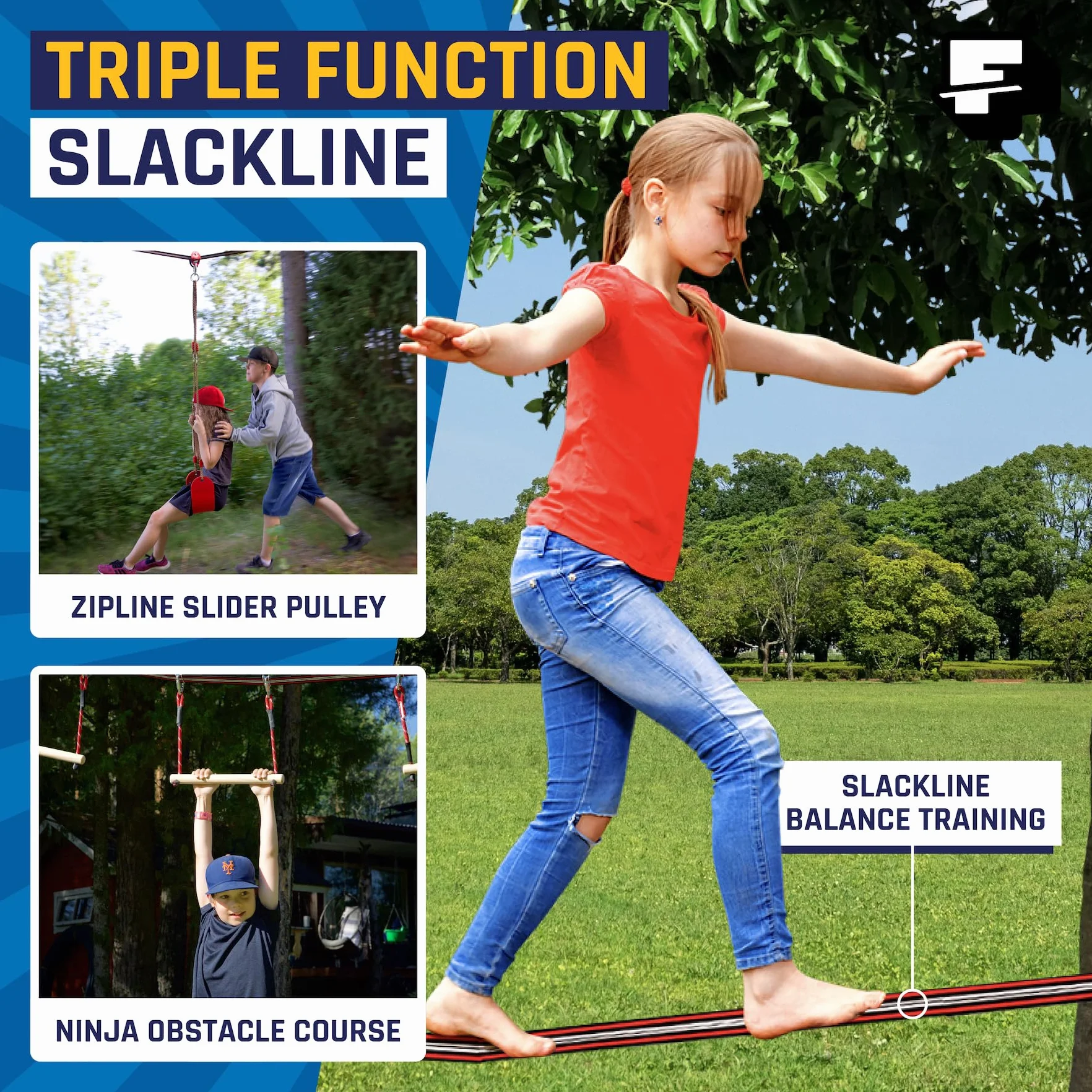 Ninja Warrior Obstacle Course for Kids 19.8m - 11 Obstacles with Ninja Slider