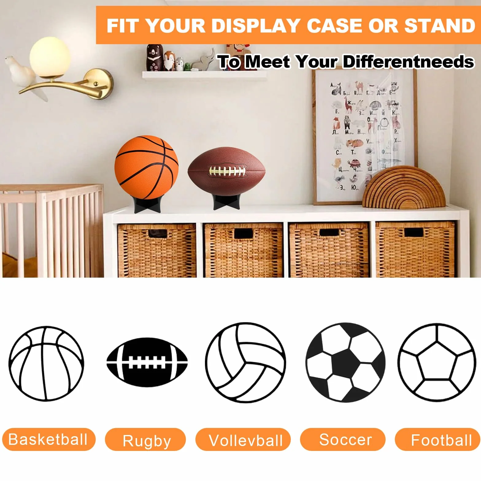 Porta Pallone Calcio Acrilico Espositore Supporto Piede Base per Pallacanestro Basket Rugby Pallavolo