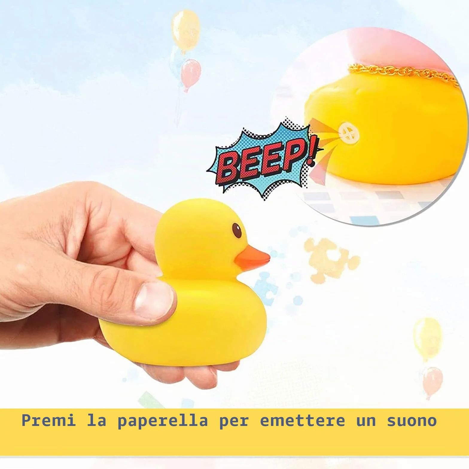 Anatra di Gomma Gialla Giocattolo 4 Pezzi con Casco a Elica e Cinturino per Auto Biciclette Moto