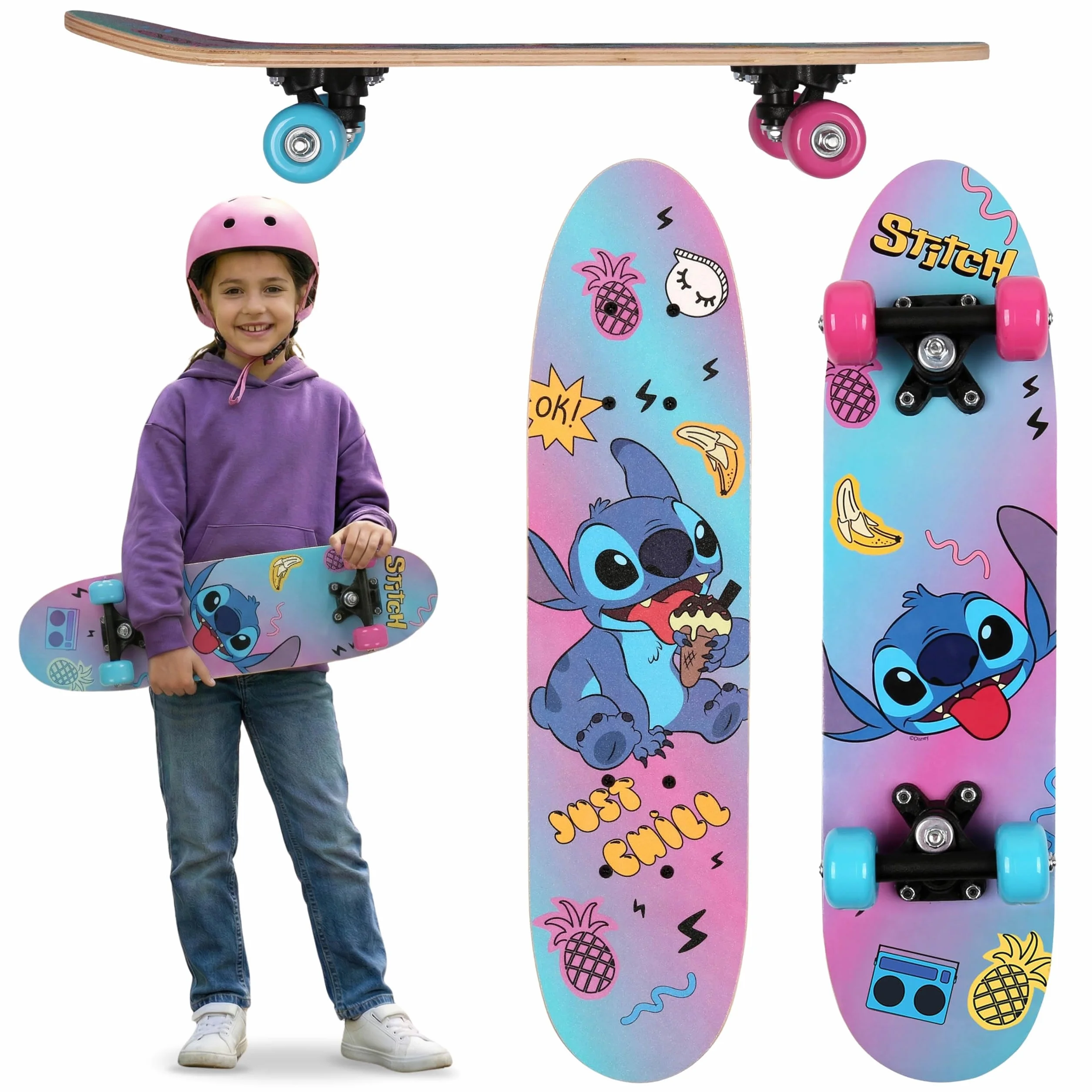 DISNEY Stitch Skateboard in legno 61cm, antiscivolo, leggero e stabile 20-50kg