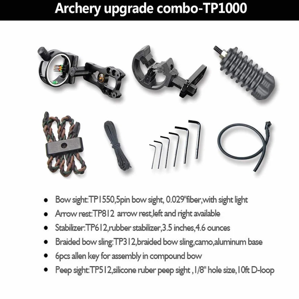 SHARROW Set di Accessori per Arco Compound con Mirino a 5 Pin, Riposo Freccia, Stabilizzatore, Peep Sight, Bow Sling, Corda D-Loop