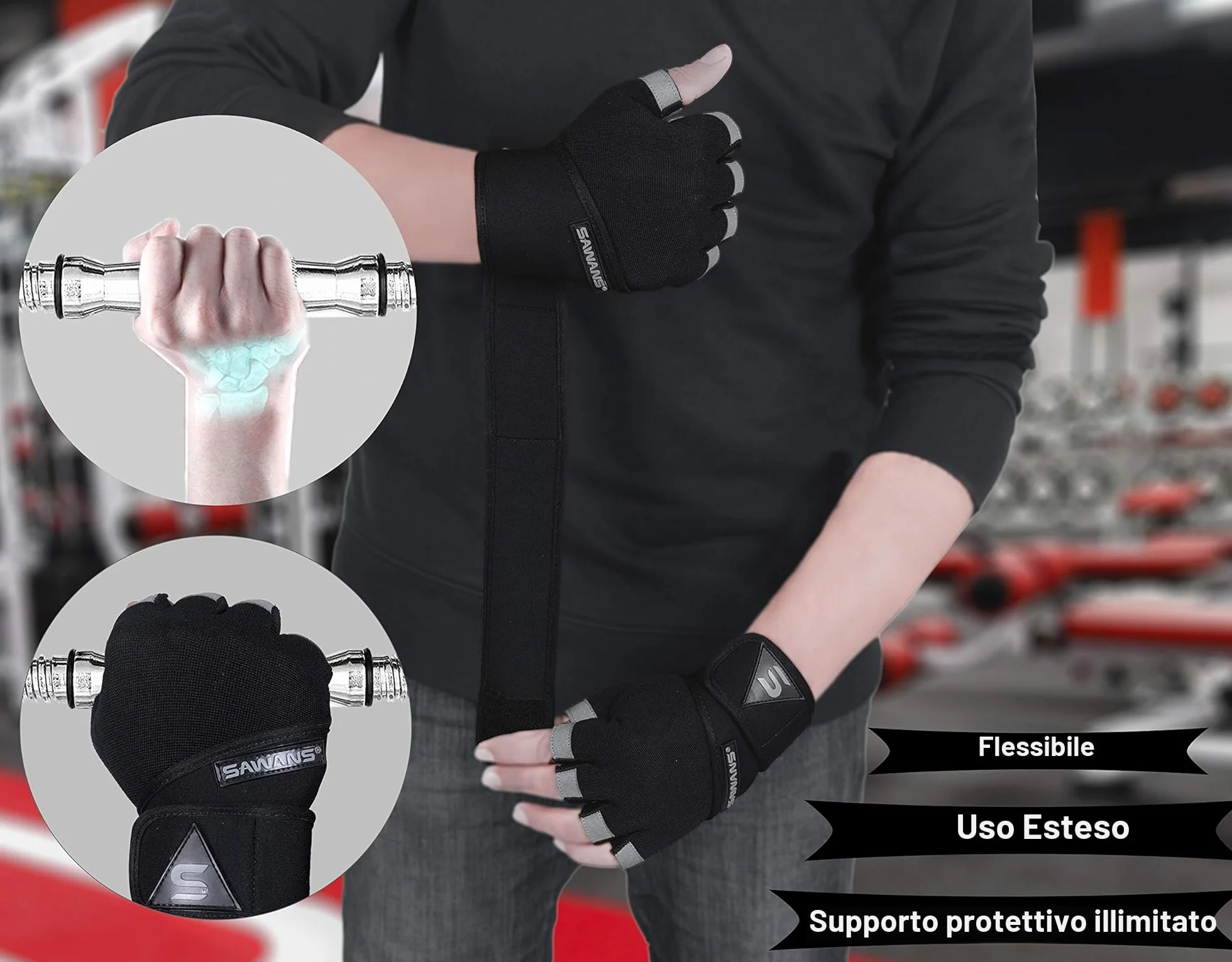 SAWANS Guanti da palestra per sollevamento pesi con supporto polso imbottito e presa extra