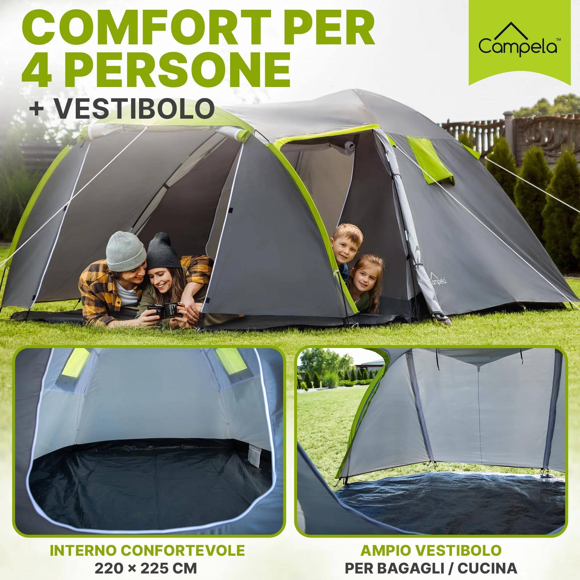 Tenda da Campeggio 4 Posti Impermeabile 3000 mm Doppio Tetto Vestibolo Ampio 2 Ingressi Zanzariera Poliestere 190T Telaio Fibra di Vetro 4,1 kg