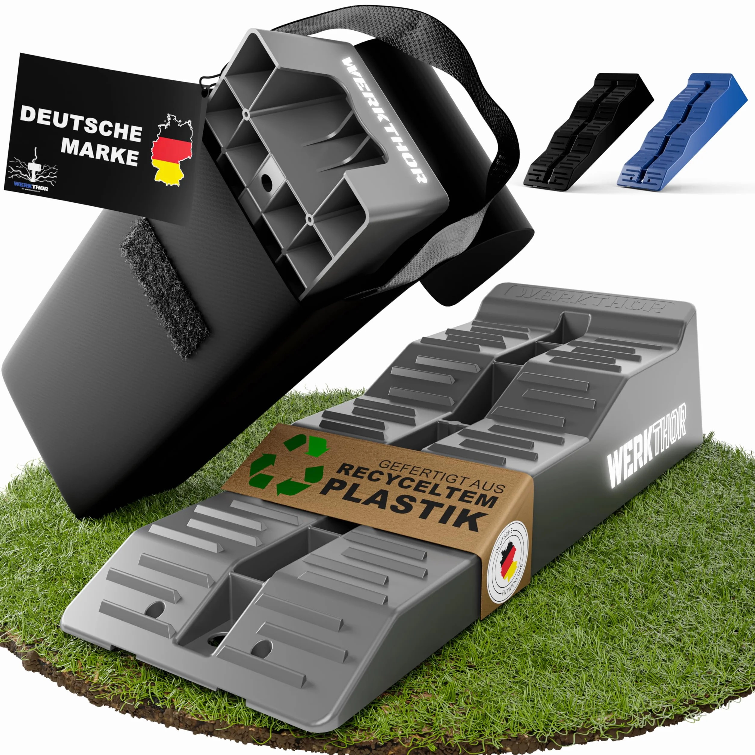 WERKTHOR Cunei per Camper [Grigio Set 2 Pezzi] con Borsa | Cunei Livellatori Camper fino 5T per Roulotte Van | Pedane Auto Sollevamento Resistenti Antiscivolo
