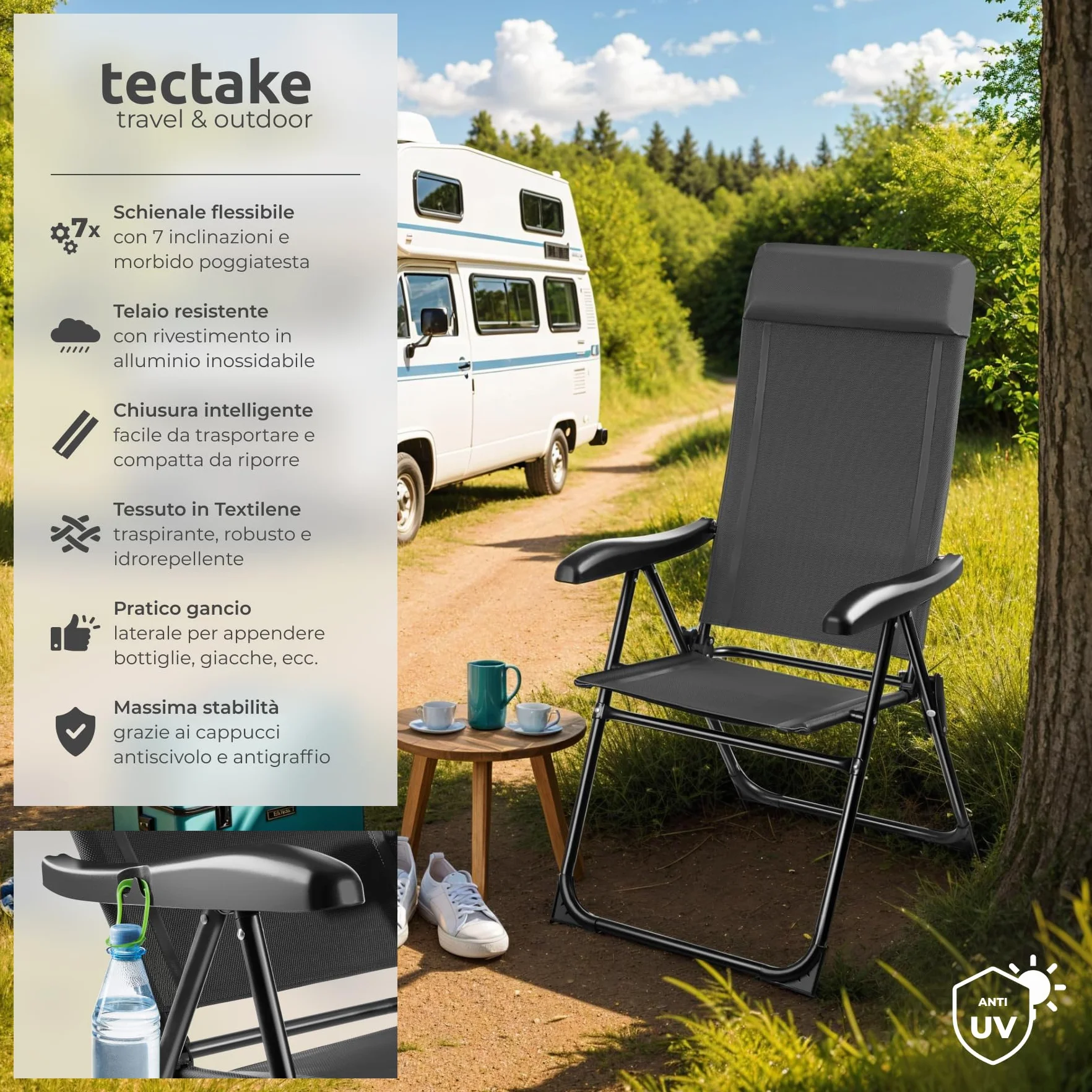 tectake® Set 2 Sedie Campeggio Pieghevoli, Schienale Regolabile 7 Posizioni, Alluminio Inossidabile, Textilene Traspirante, Braccioli Ergonomici, Cuscino Poggiatesta Rimovibile Antiscivolo - Antracite