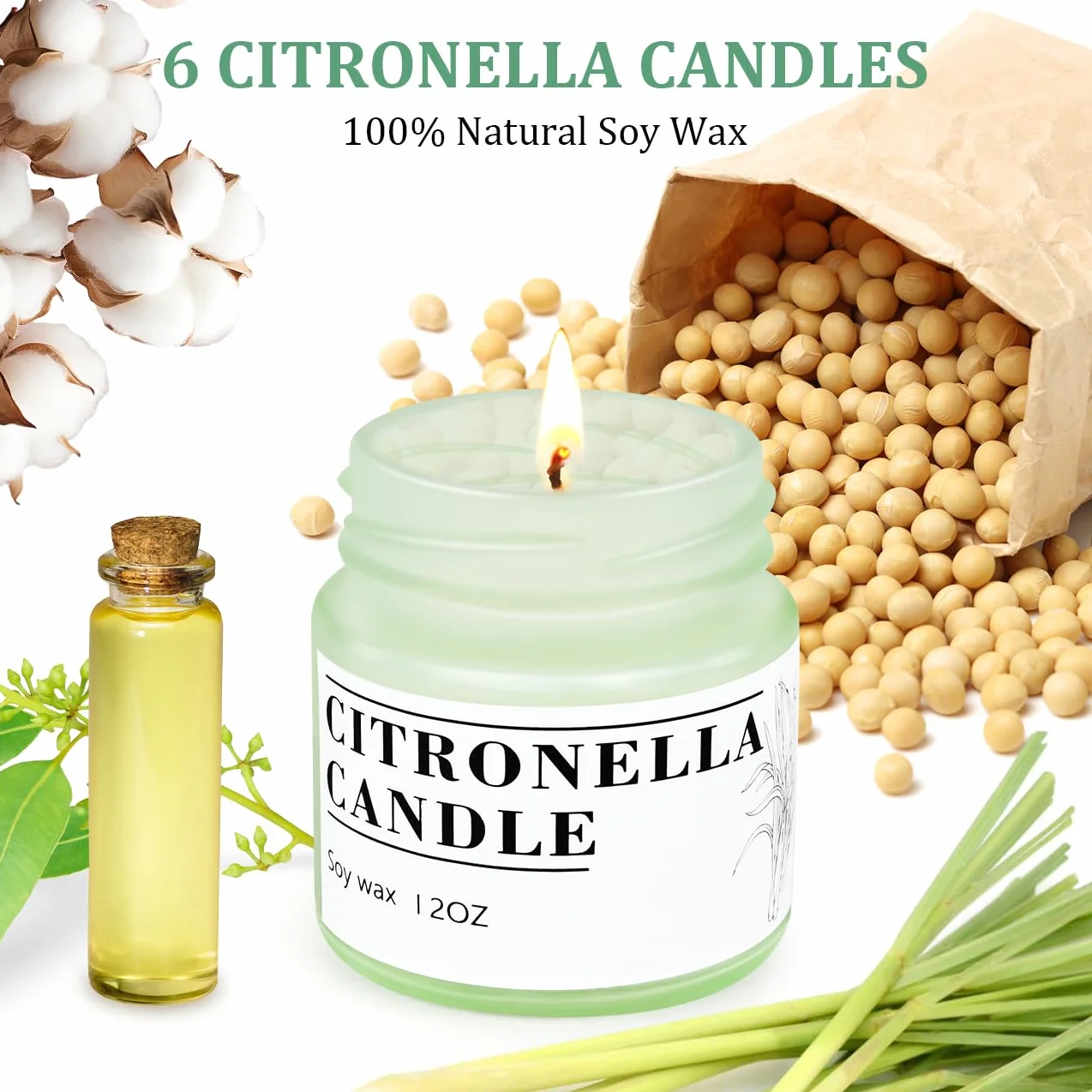 Candele alla citronella per esterni, cera di soia naturale, 6 pezzi, 200 ore
