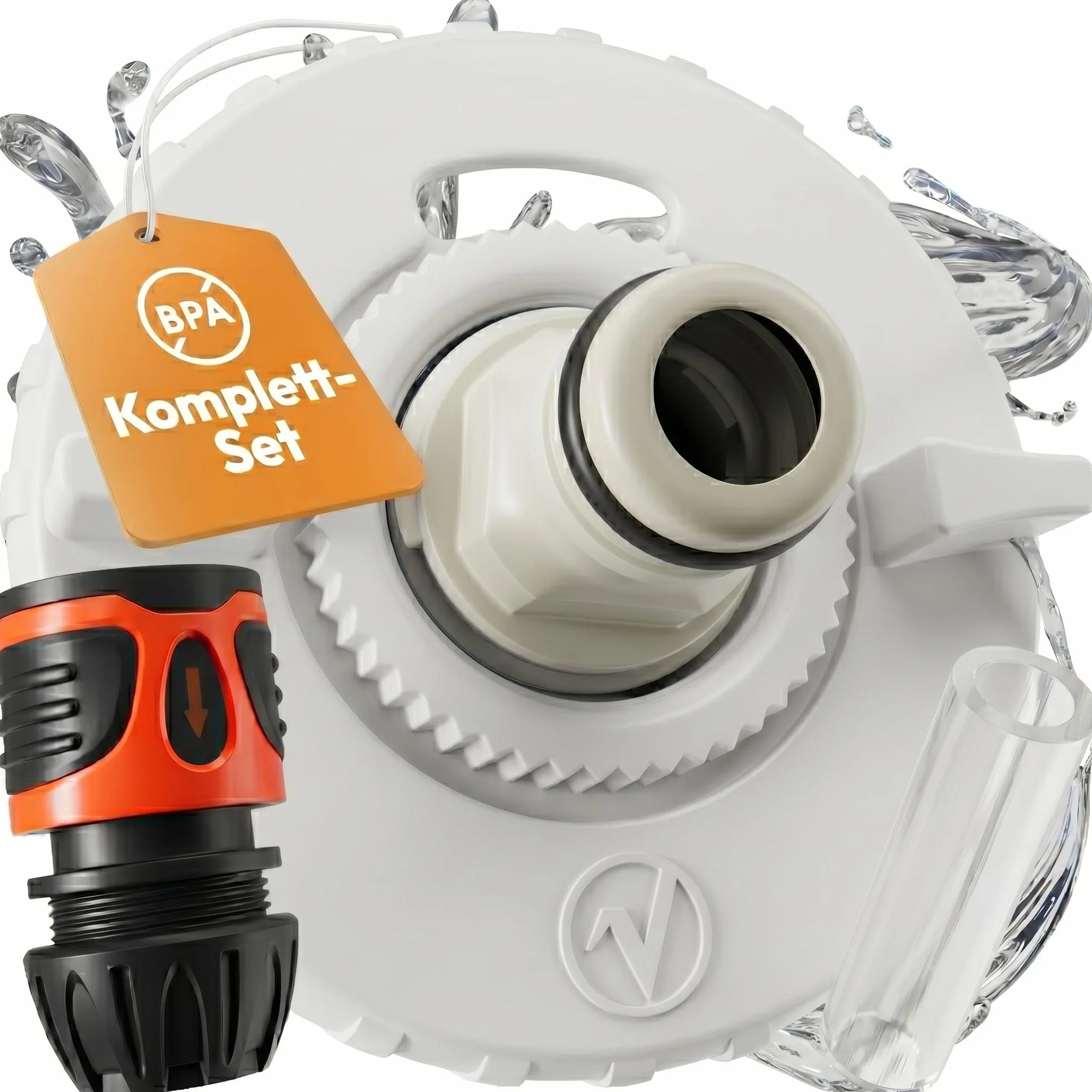 tappo per serbatoio dell' acqua – 3 perni diametro 78 mm – bianco – per camper con tubo per il bocchettone dell'acqua +Plus: adattatore per tubo dell'acqua